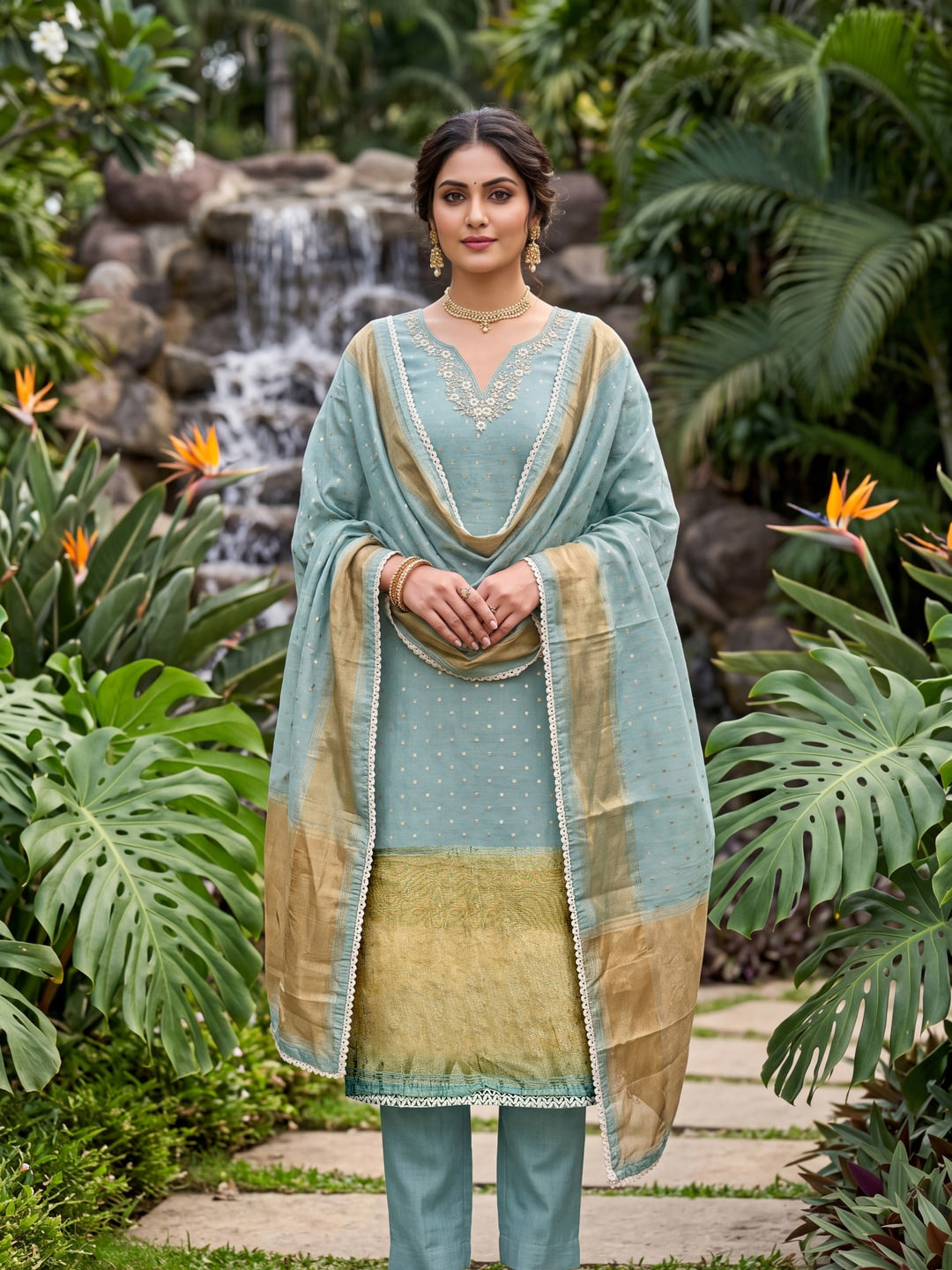 Peachmode Turquoise Banarasi Cotton Handwork Dress Material - Image 2