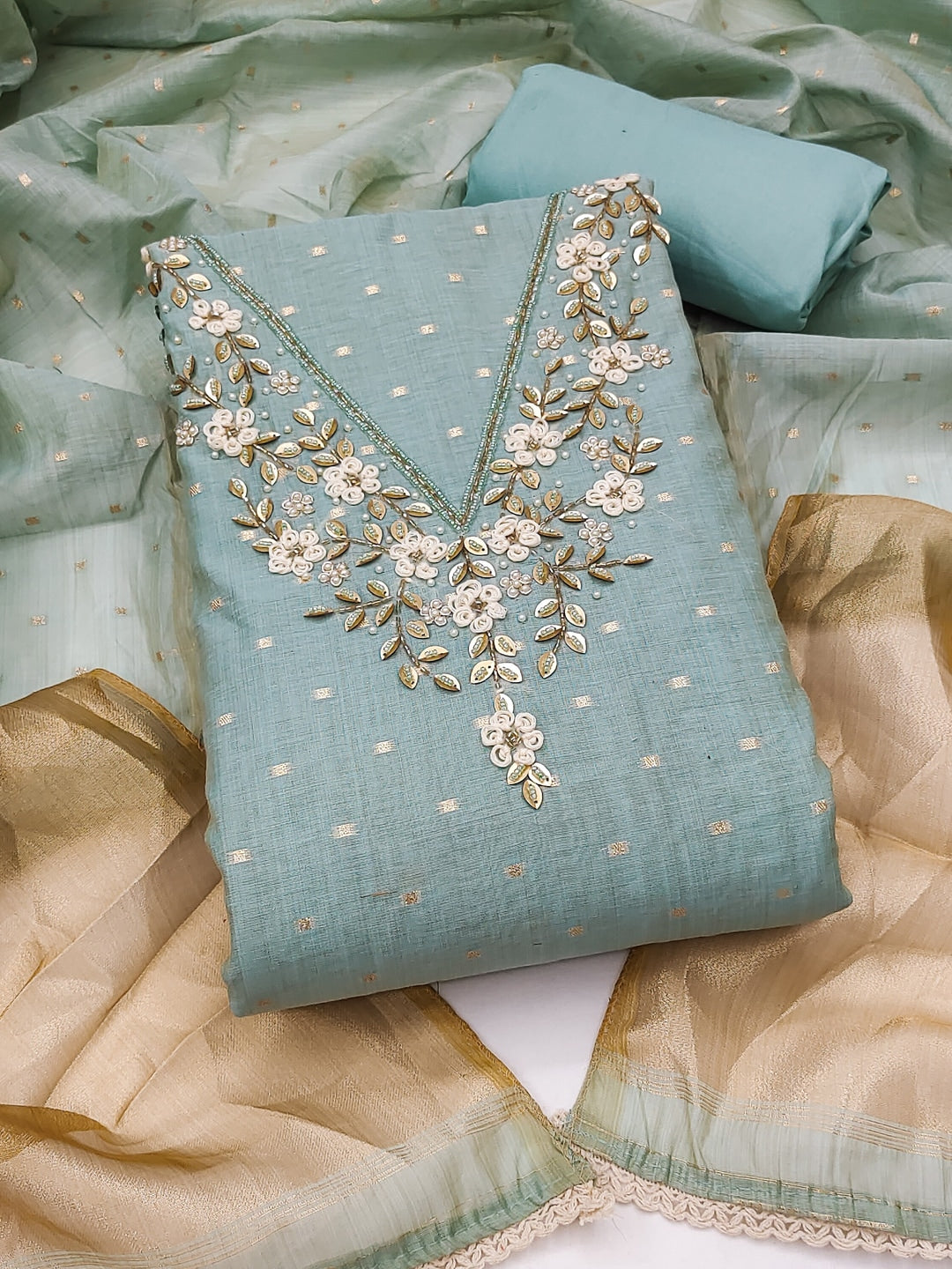 Peachmode Turquoise Banarasi Cotton Handwork Dress Material - Image 4