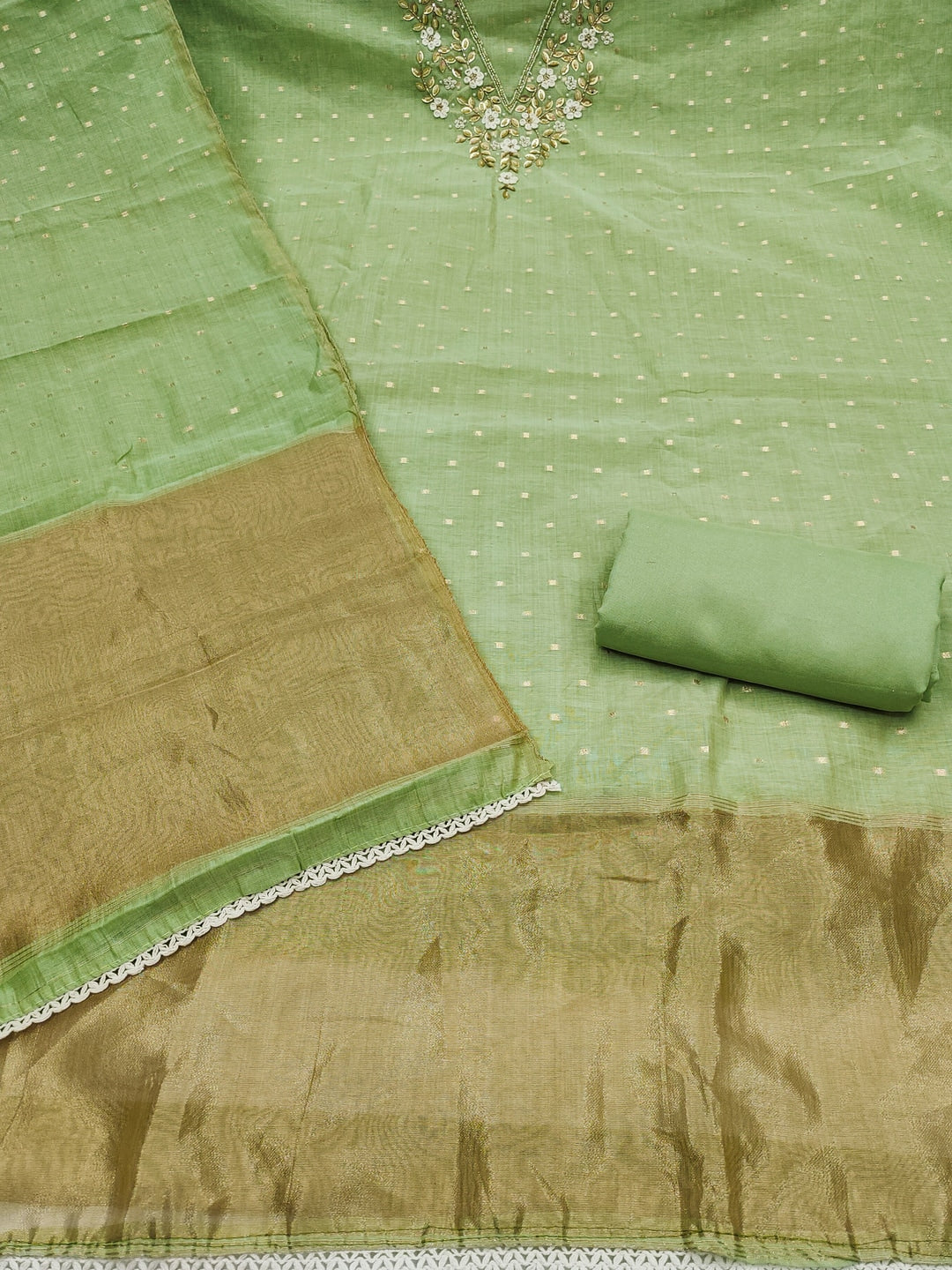 Peachmode Green Banarasi Cotton Handwork Dress Material - Image 3