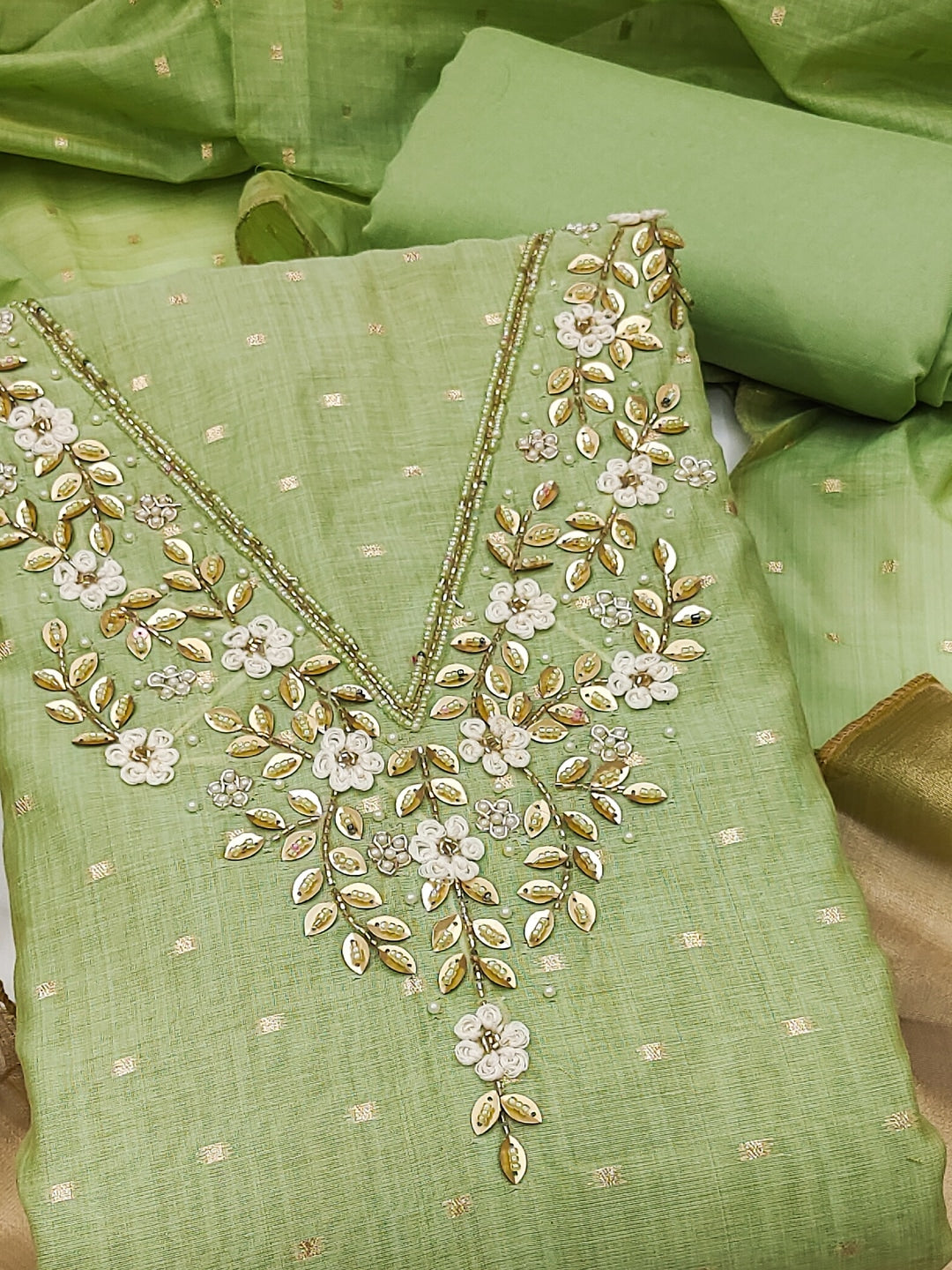 Peachmode Green Banarasi Cotton Handwork Dress Material - Image 5