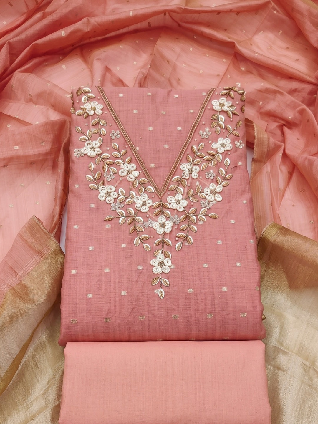 Peachmode Peach Banarasi Cotton Handwork Dress Material - Image 1