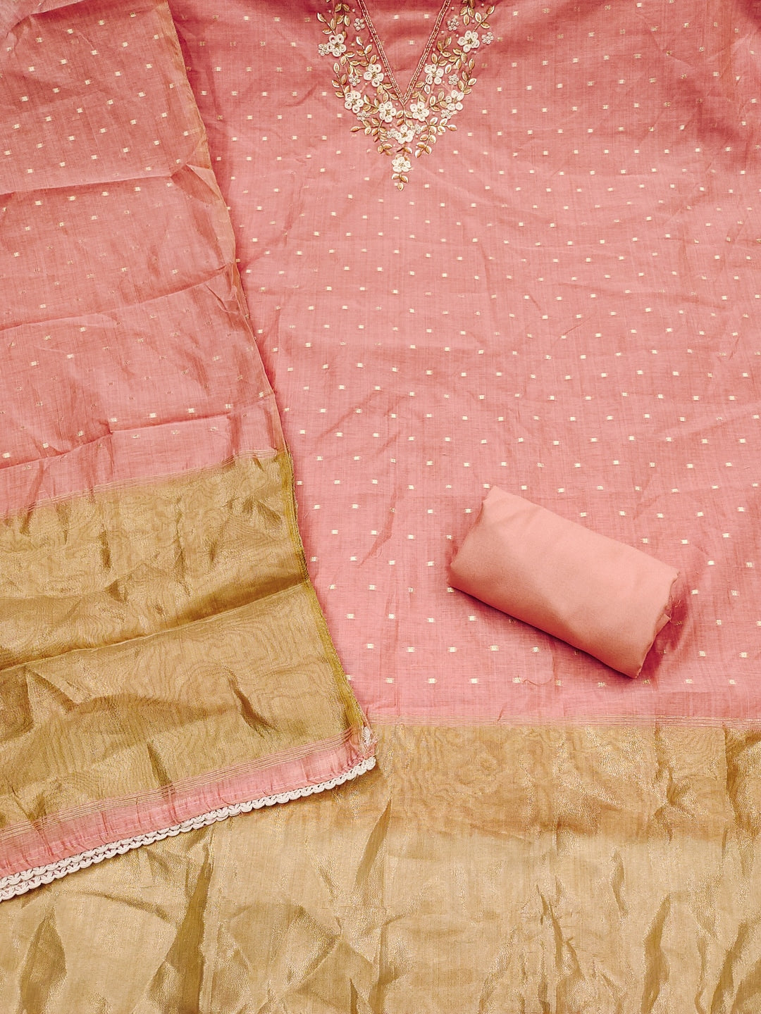 Peachmode Peach Banarasi Cotton Handwork Dress Material - Image 3