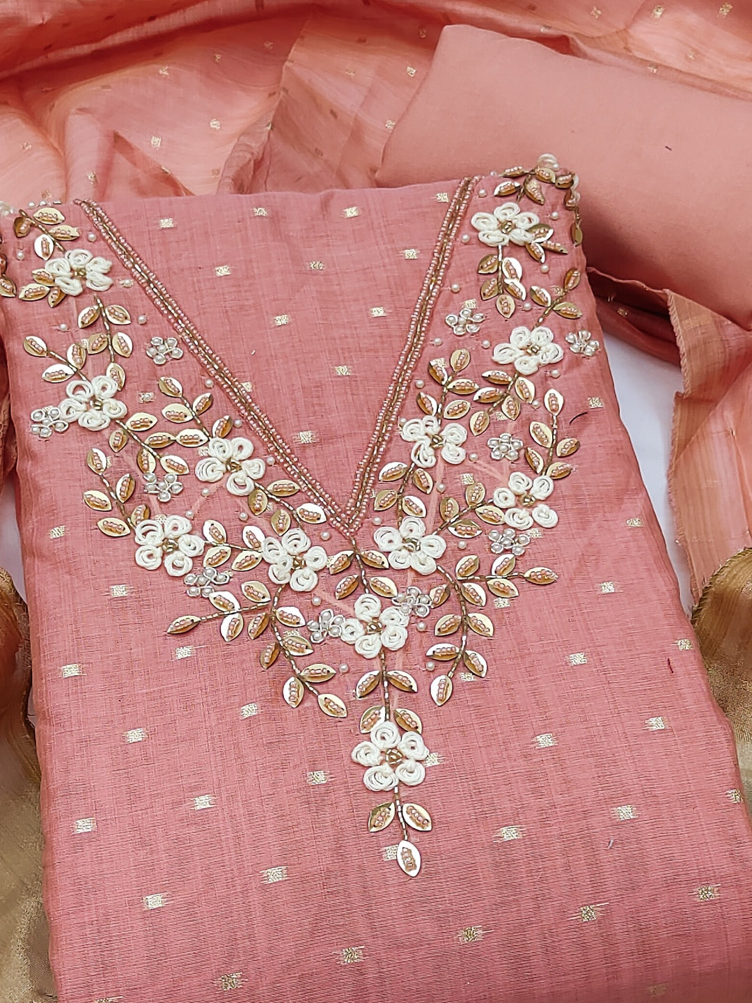 Peachmode Peach Banarasi Cotton Handwork Dress Material - Image 5