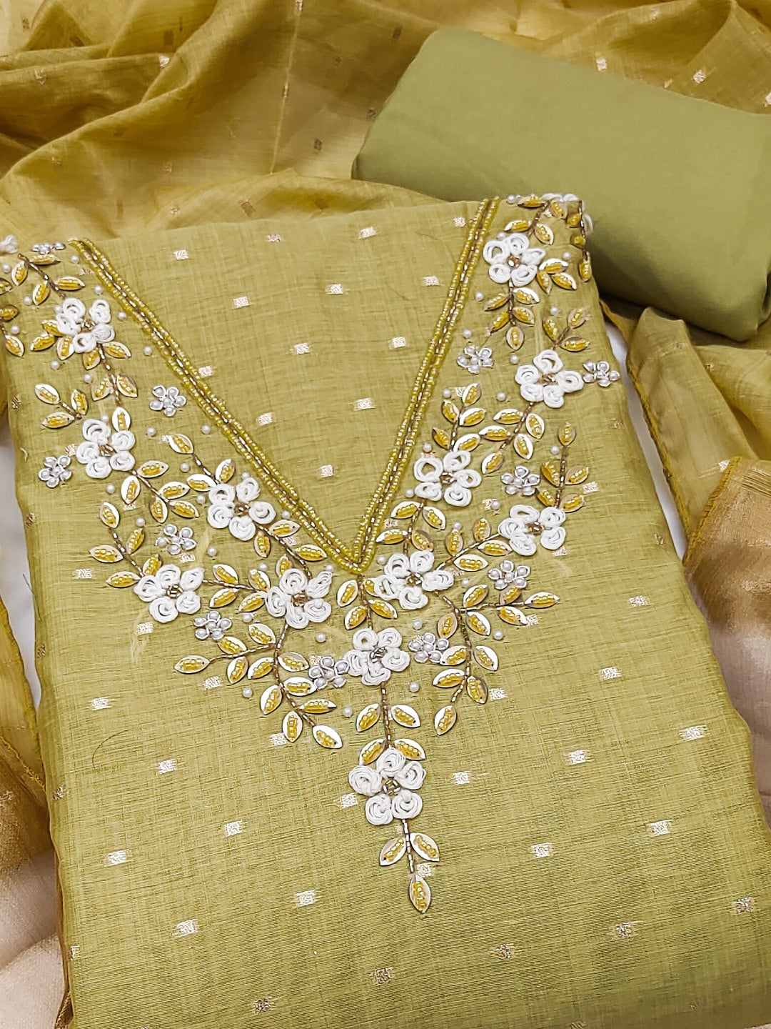 Peachmode Olive Banarasi Cotton Handwork Dress Material - Image 5