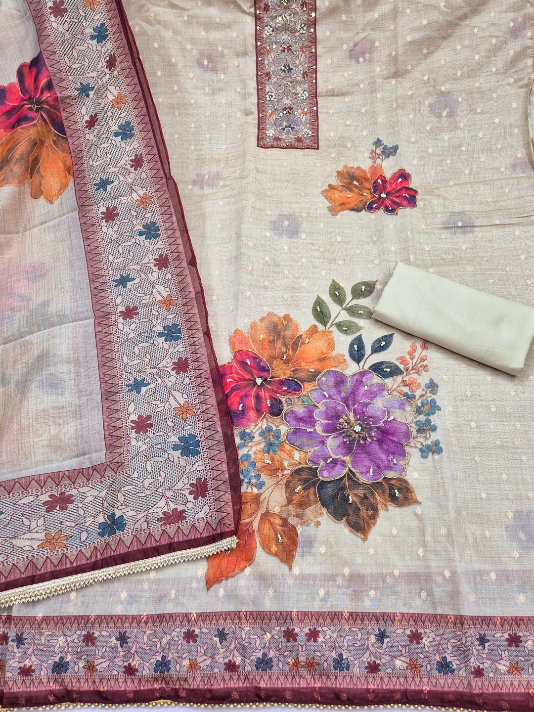 Peachmode Cream Maroon Floral Handwork Pure Modal Dress Material - Image 3