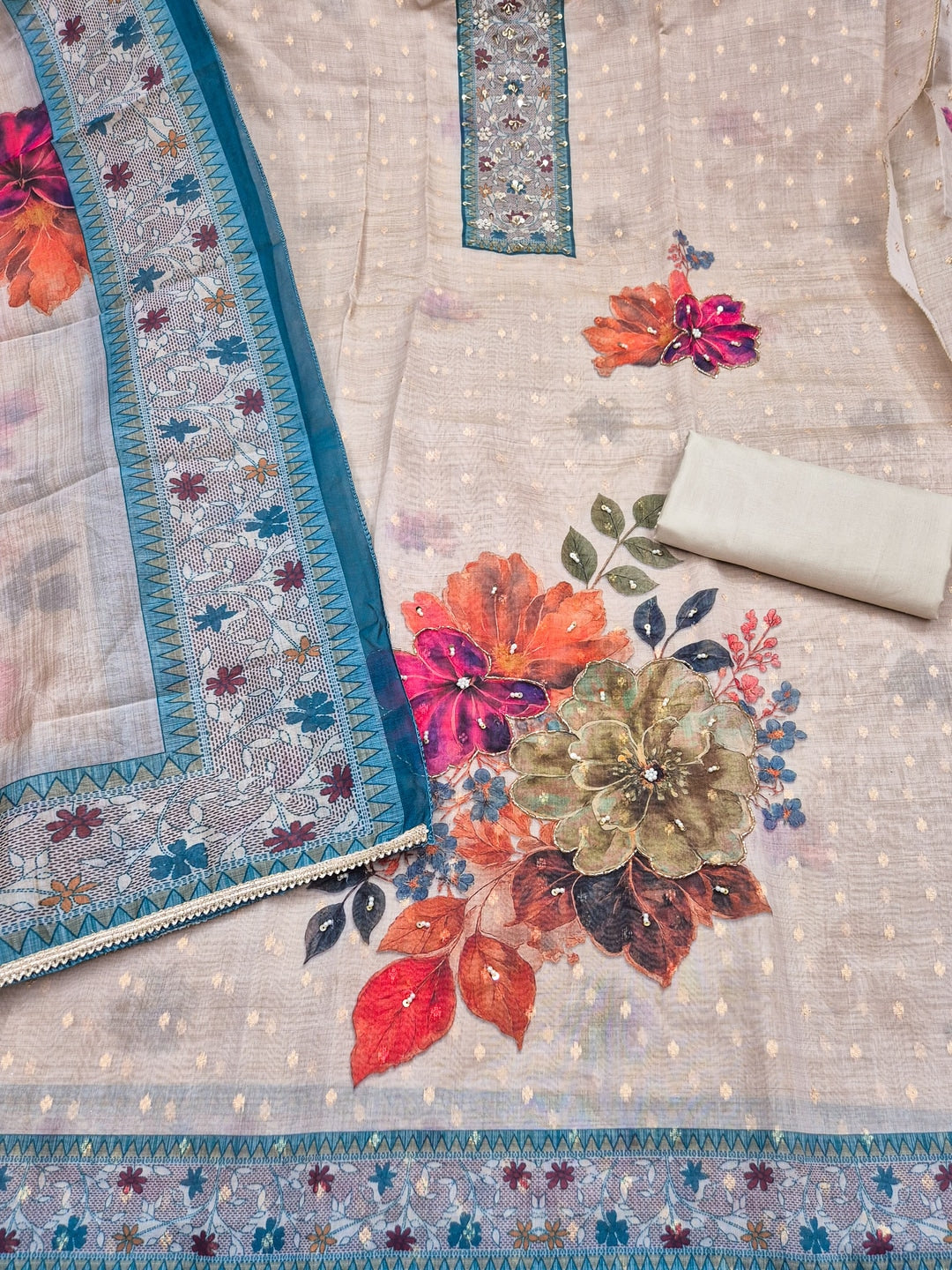 Peachmode Cream Blue Floral Handwork Pure Modal Dress Material - Image 3