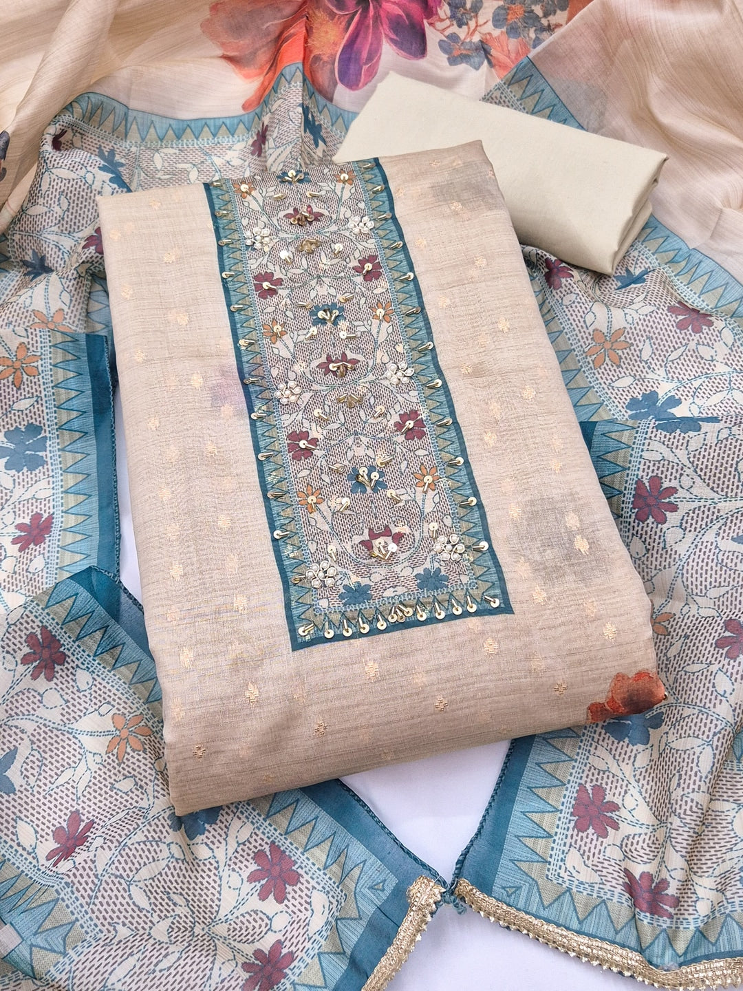 Peachmode Cream Blue Floral Handwork Pure Modal Dress Material - Image 4