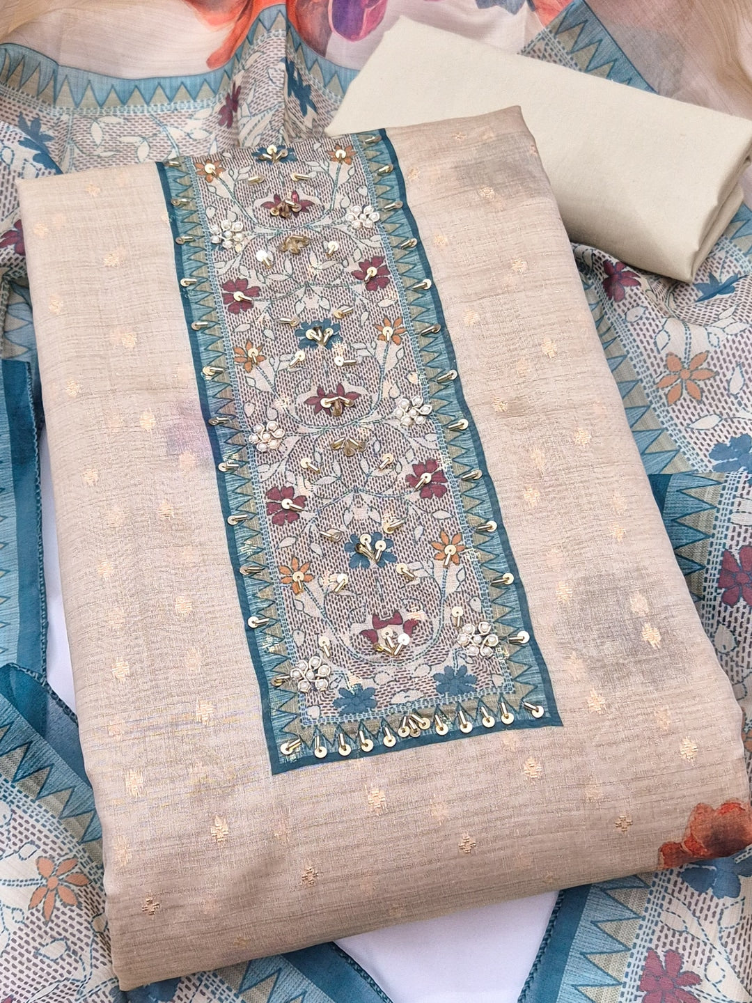 Peachmode Cream Blue Floral Handwork Pure Modal Dress Material - Image 5