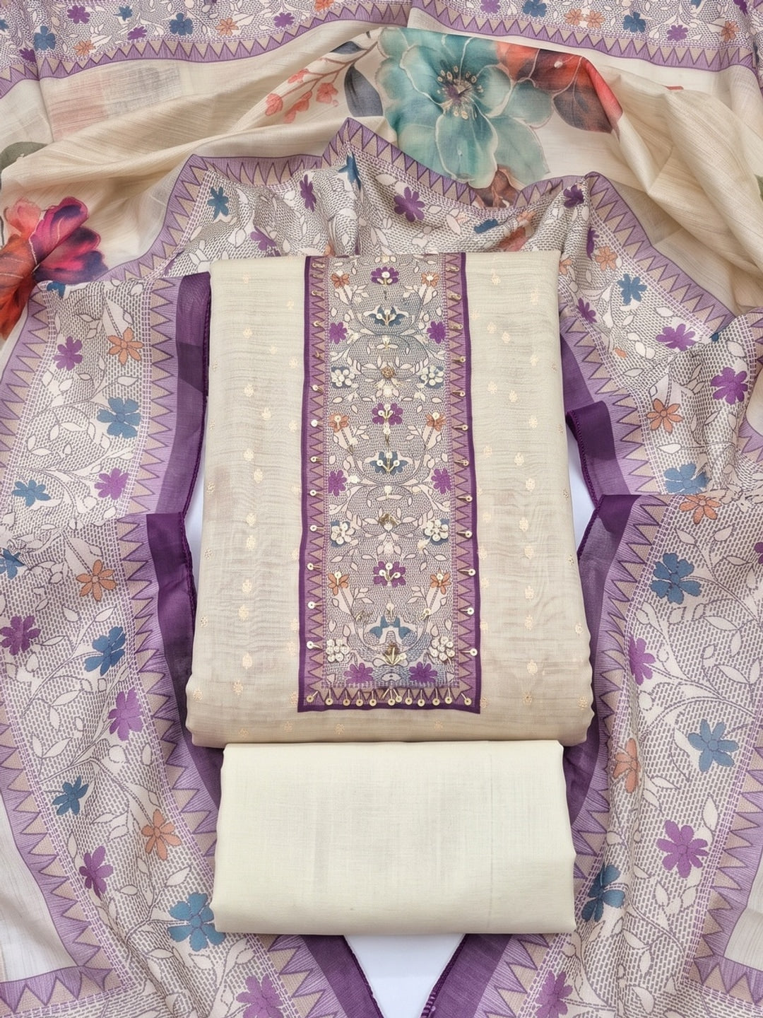 Peachmode Cream Purple Floral Handwork Pure Modal Dress Material - Image 1