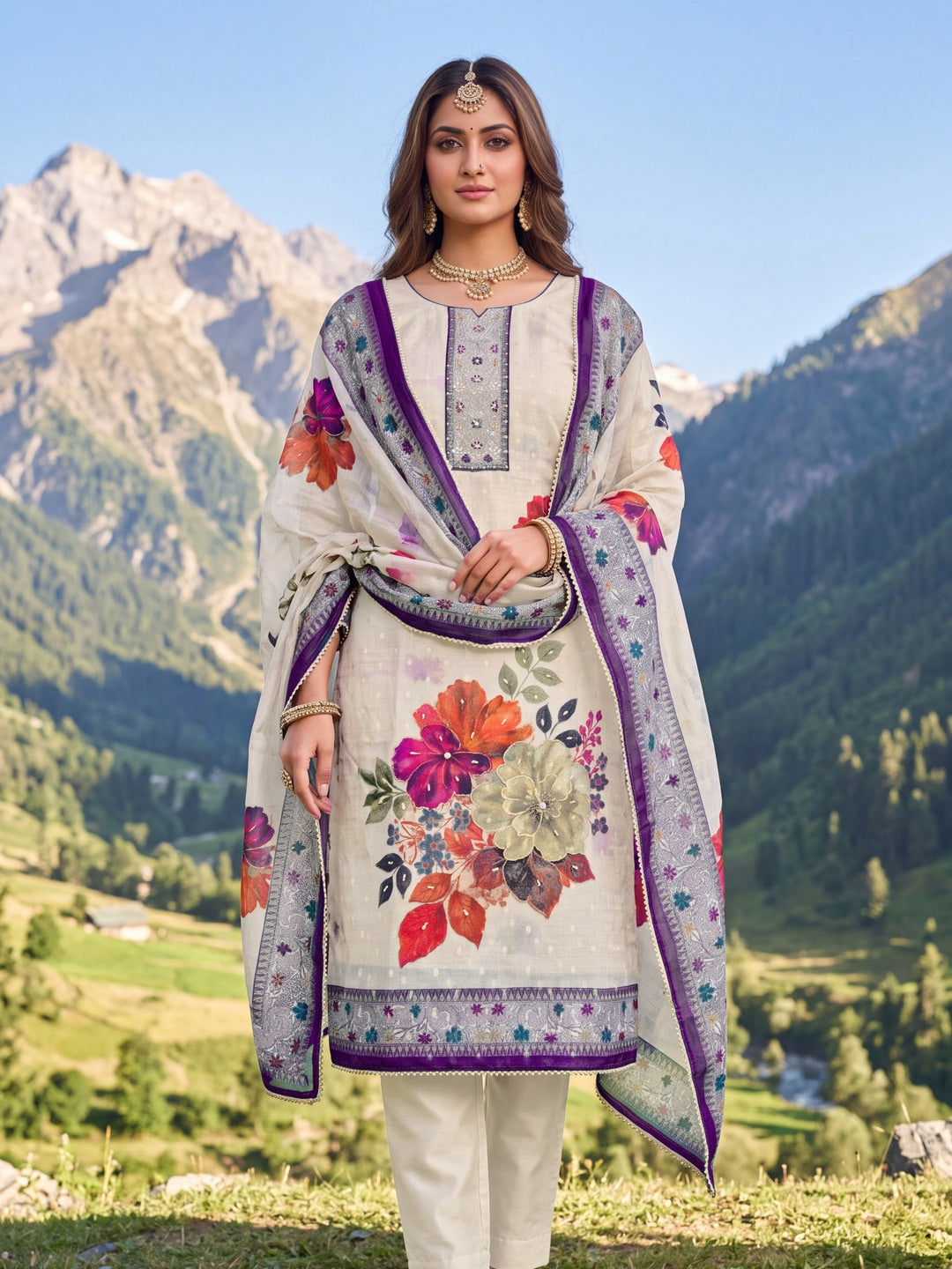 Peachmode Cream Purple Floral Handwork Pure Modal Dress Material - Image 2