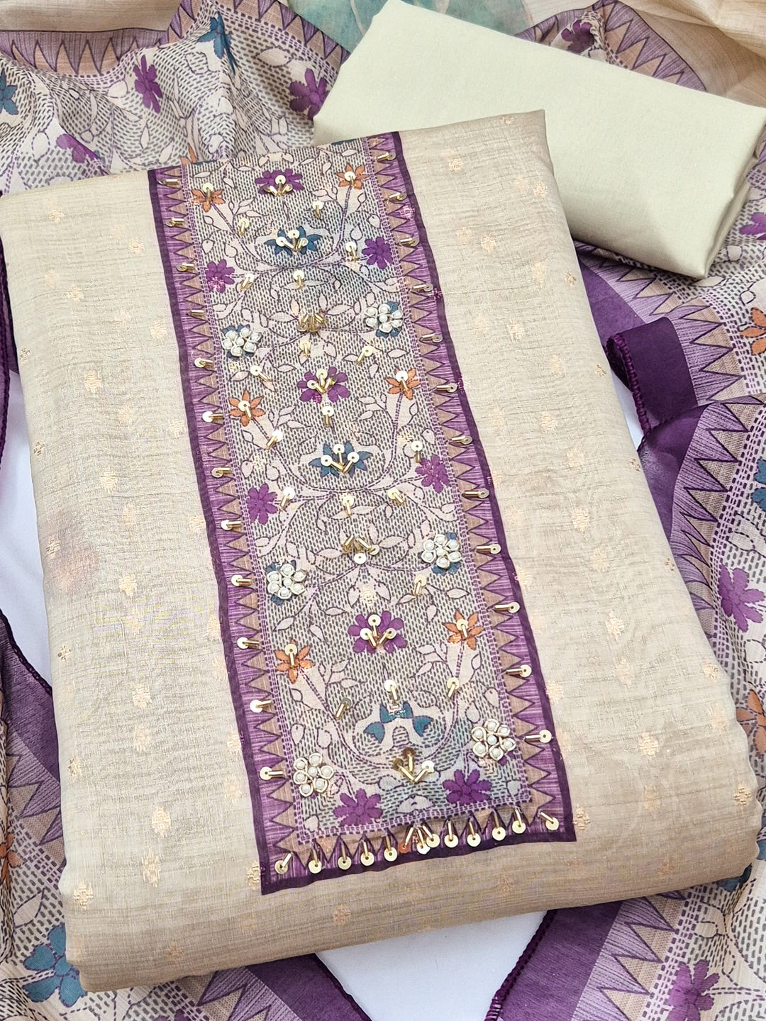 Peachmode Cream Purple Floral Handwork Pure Modal Dress Material - Image 5