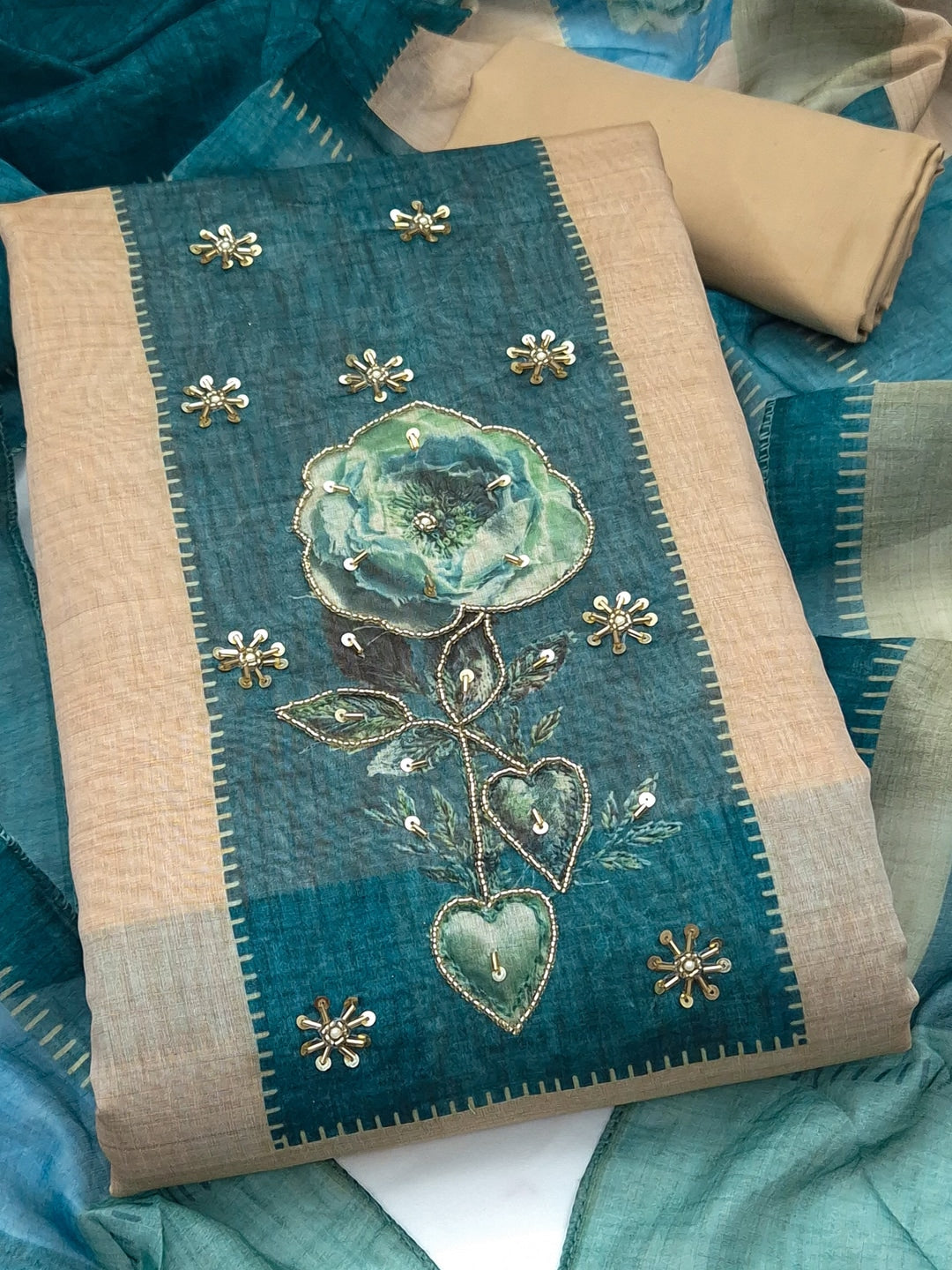 Peachmode Cream Teal Floral Handwork Pure Modal Dress Material - Image 5