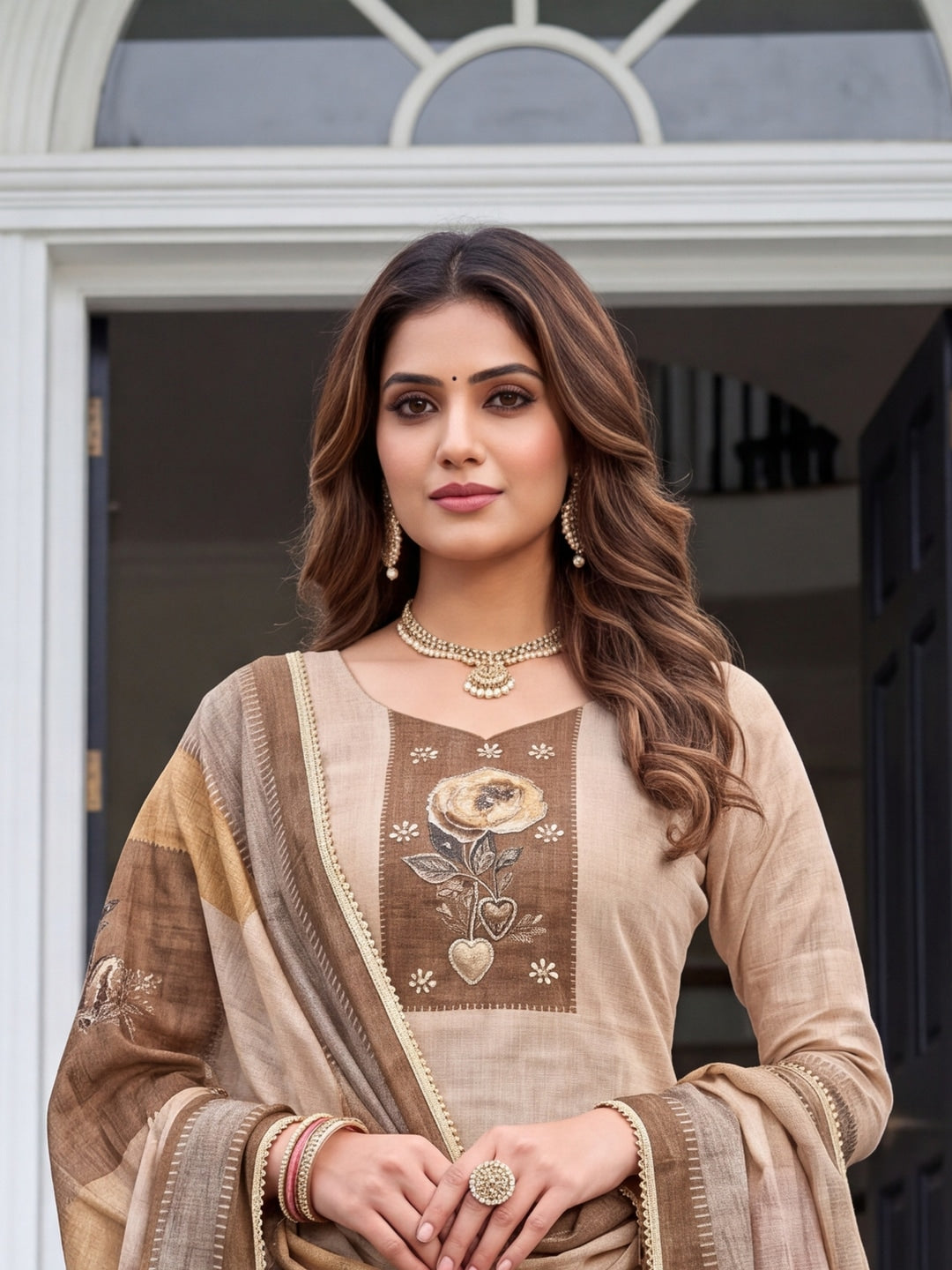 Peachmode Cream Olive Brown Floral Handwork Pure Modal Dress Material - Image 2