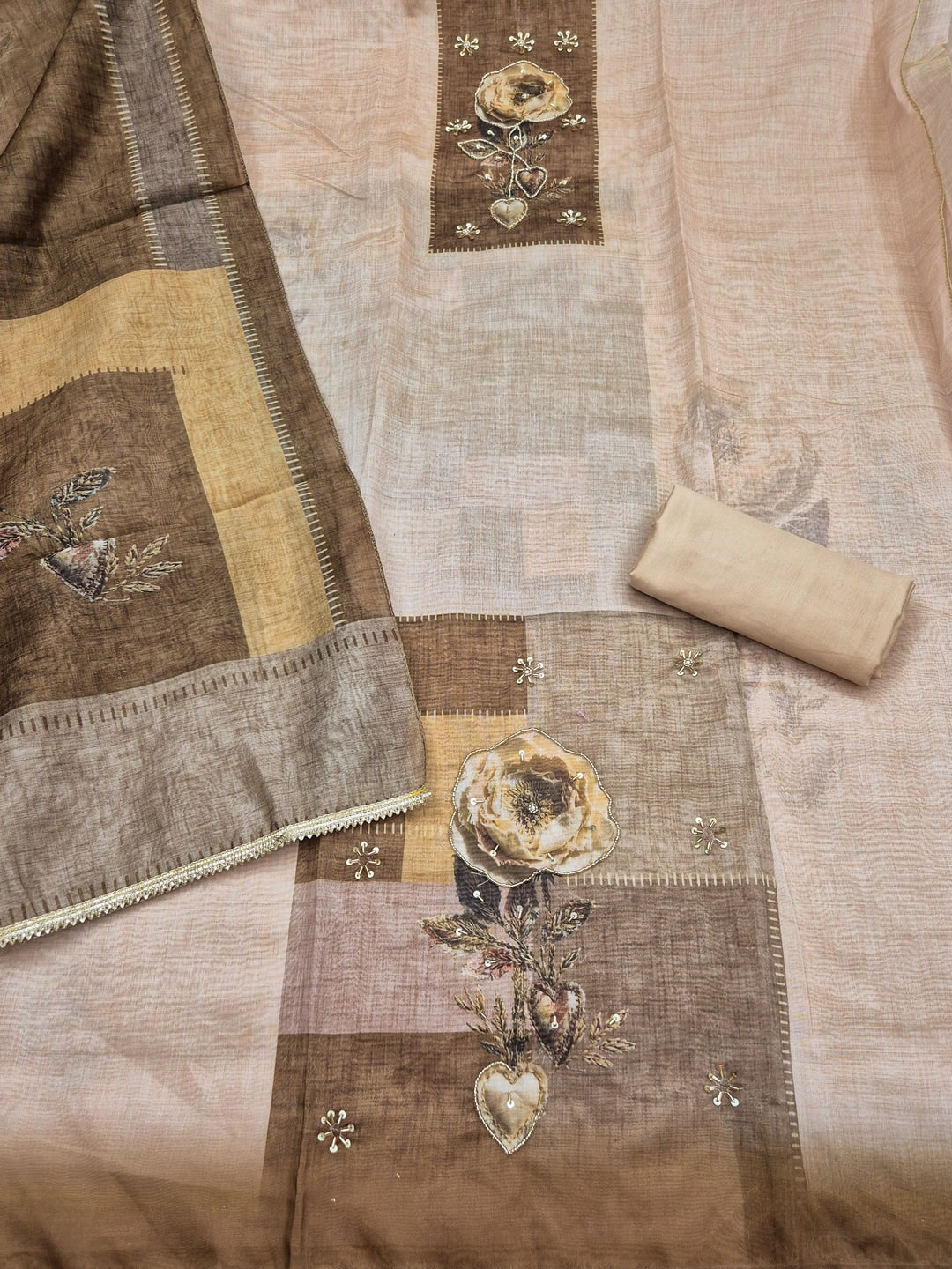 Peachmode Cream Olive Brown Floral Handwork Pure Modal Dress Material - Image 3