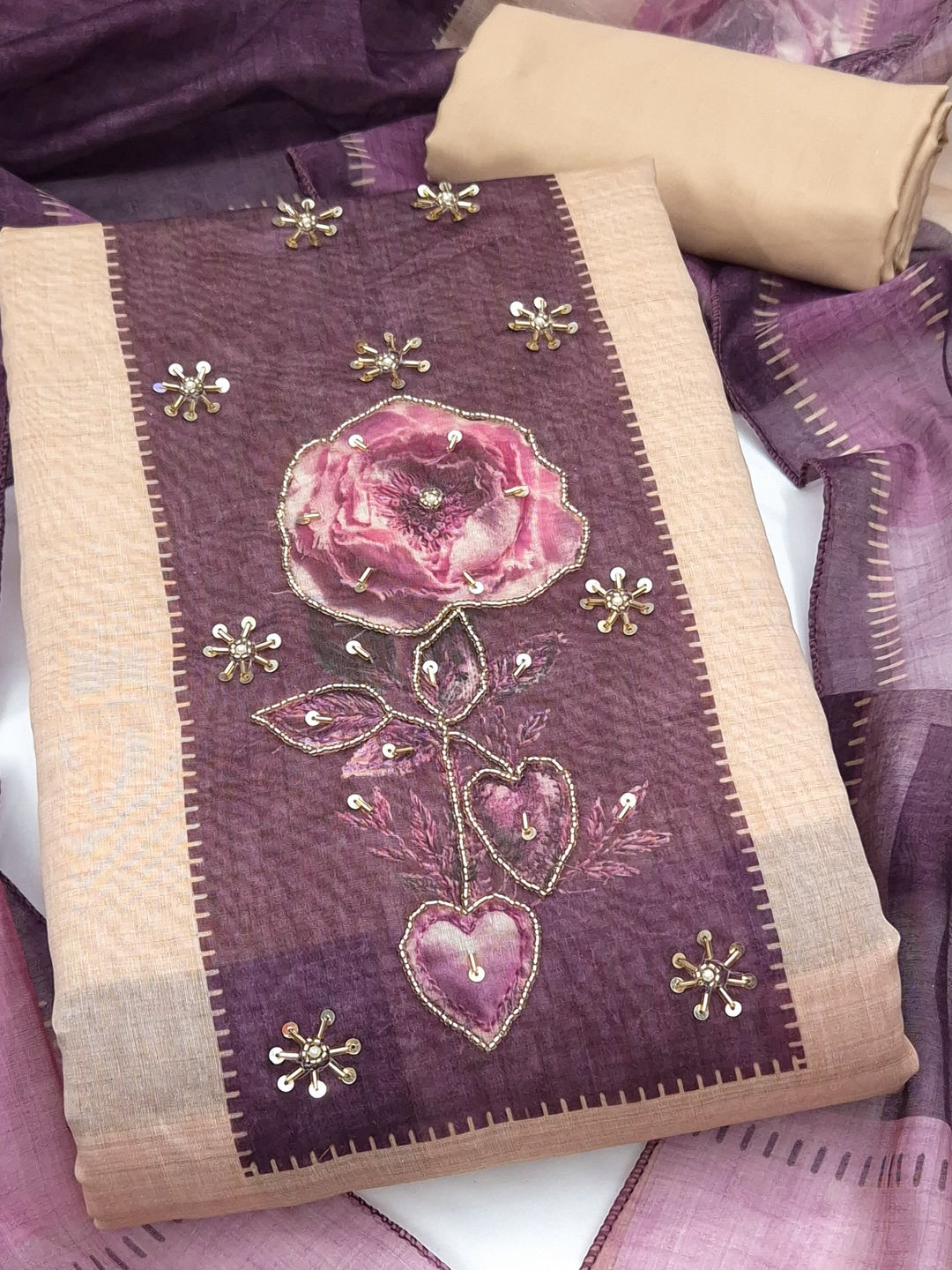 Peachmode Cream Purple Floral Handwork Pure Modal Dress Material - Image 5