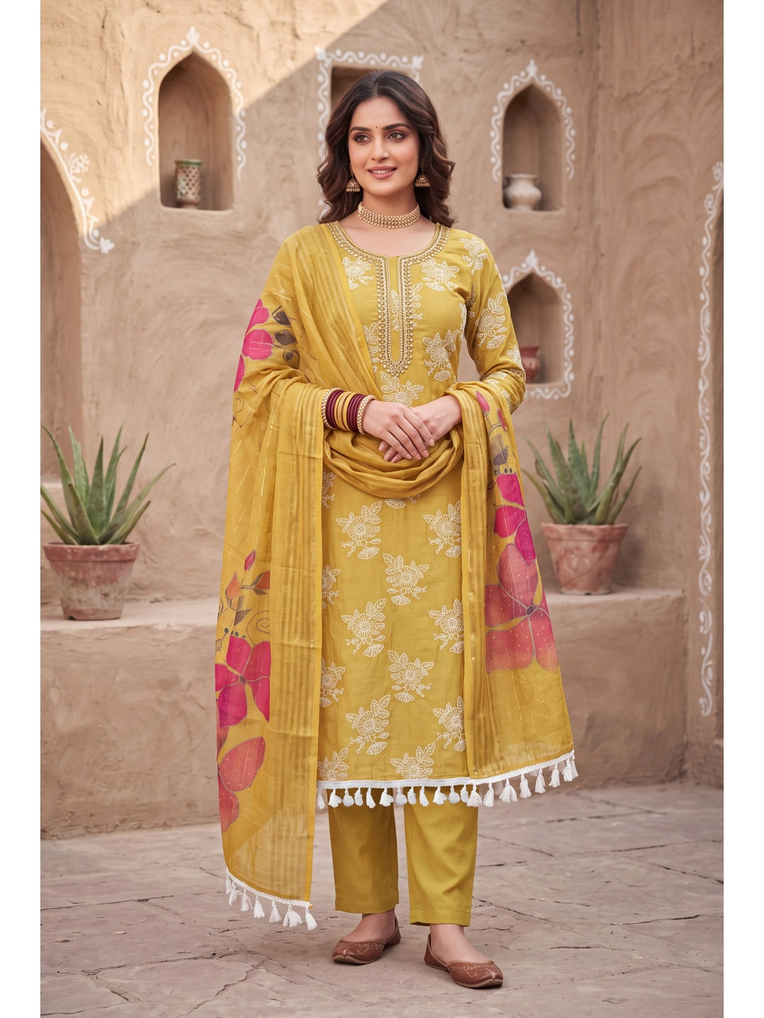 Peachmode Mustard Floral Embroidered Cotton Silk Dress Material - Image 2