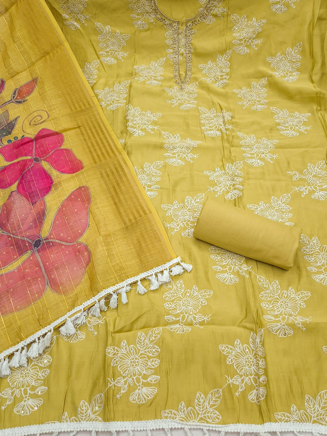 Peachmode Mustard Floral Embroidered Cotton Silk Dress Material - Image 3