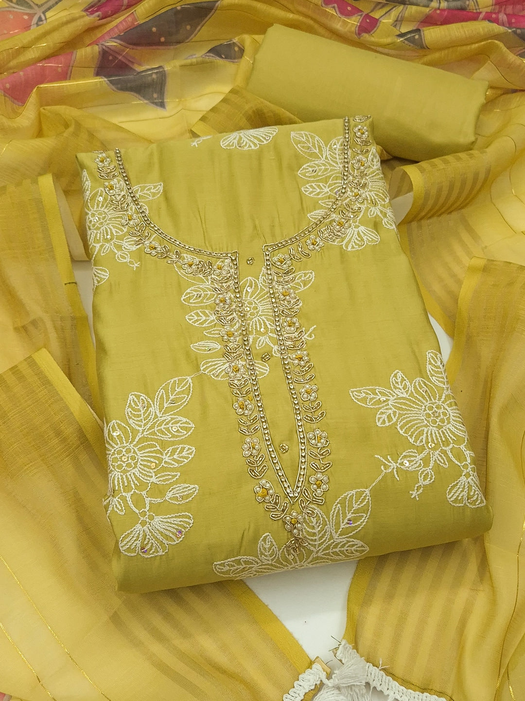 Peachmode Mustard Floral Embroidered Cotton Silk Dress Material - Image 5
