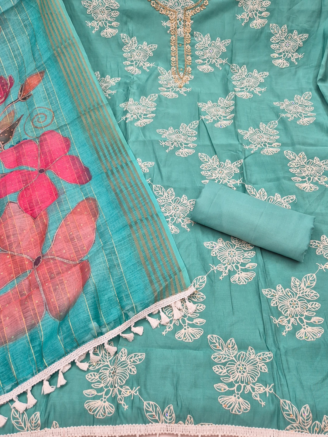 Peachmode Turquoise Floral Embroidered Cotton Silk Dress Material - Image 3
