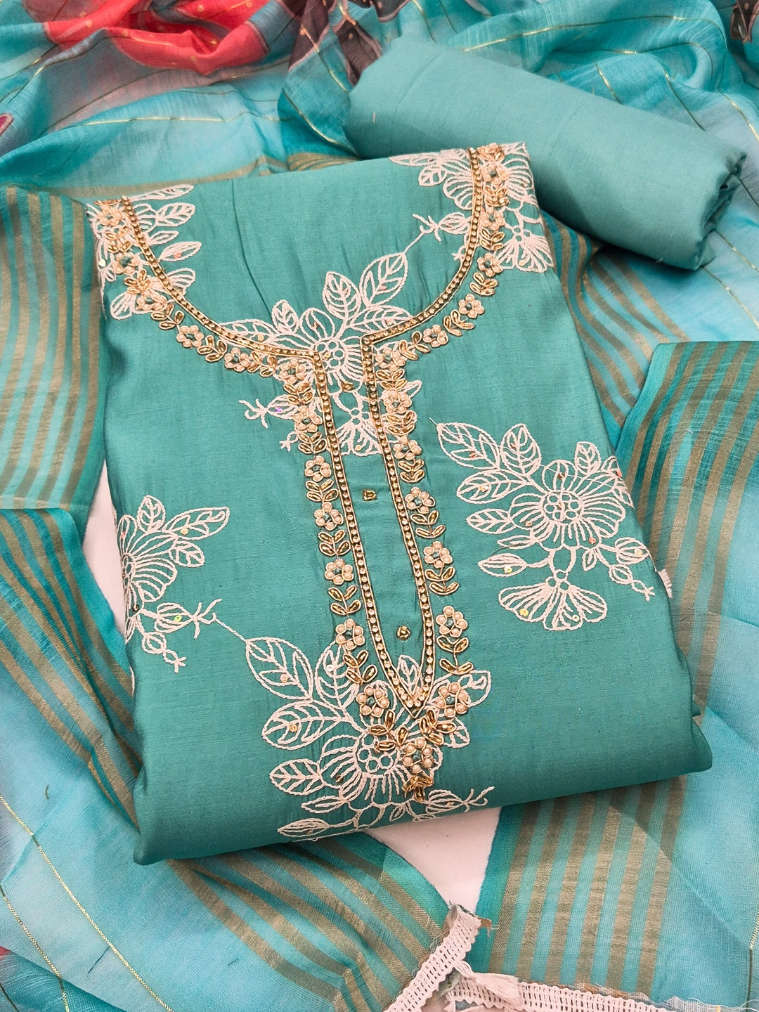 Peachmode Turquoise Floral Embroidered Cotton Silk Dress Material - Image 5