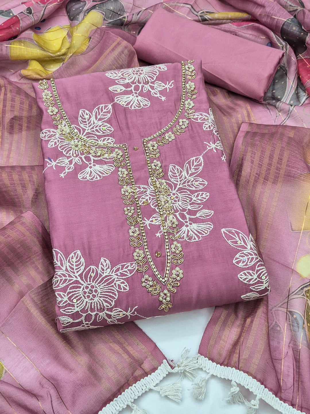 Peachmode Mauve Floral Embroidered Cotton Silk Dress Material - Image 4