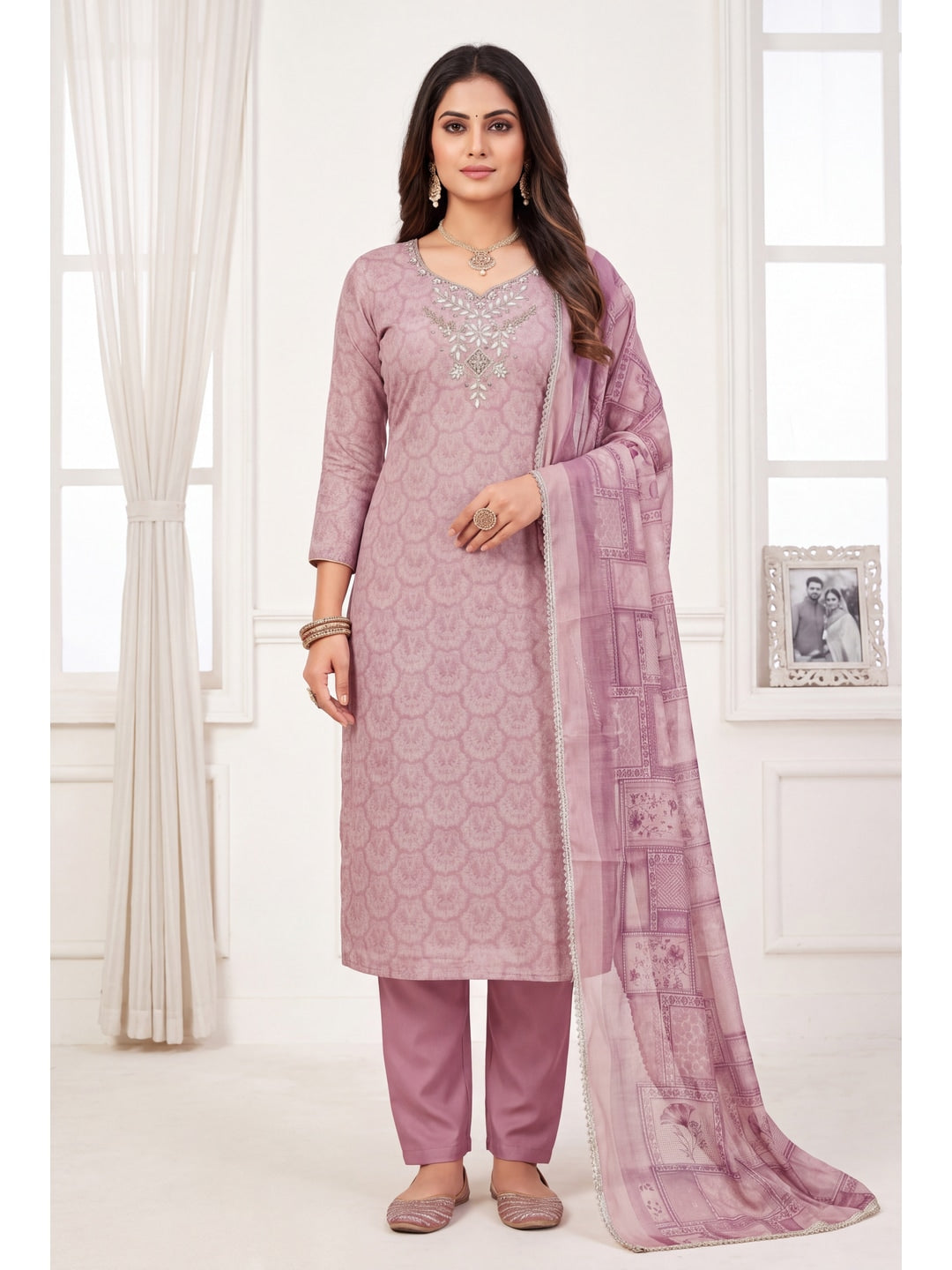Peachmode Mauve Floral Embroidered Cotton Linen Dress Material - Image 2