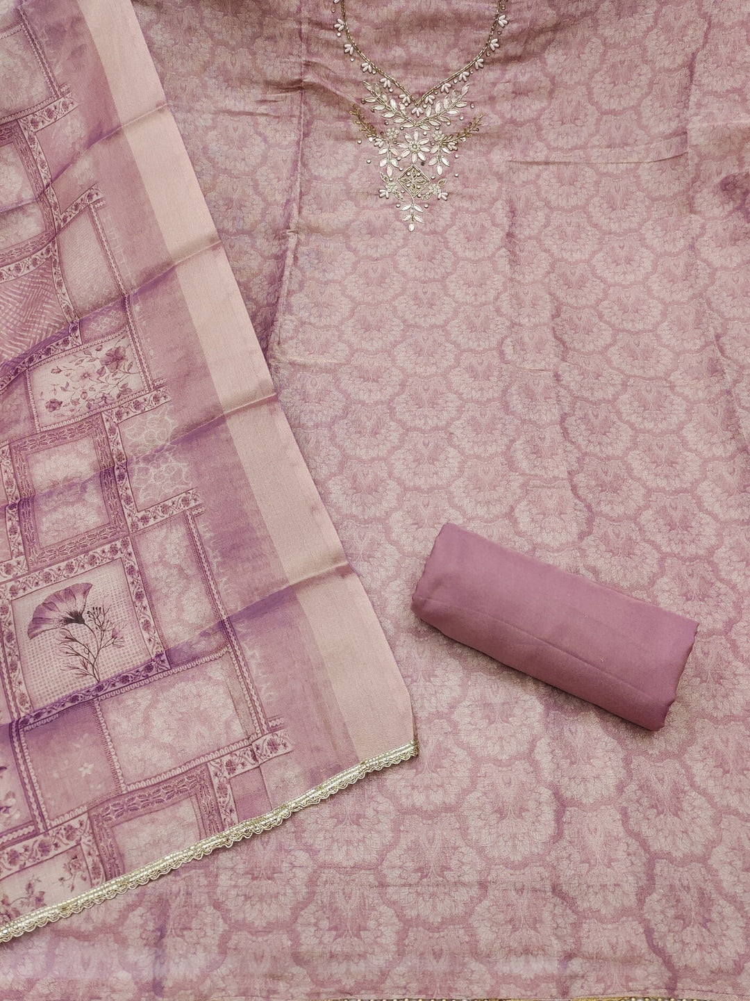 Peachmode Mauve Floral Embroidered Cotton Linen Dress Material - Image 3