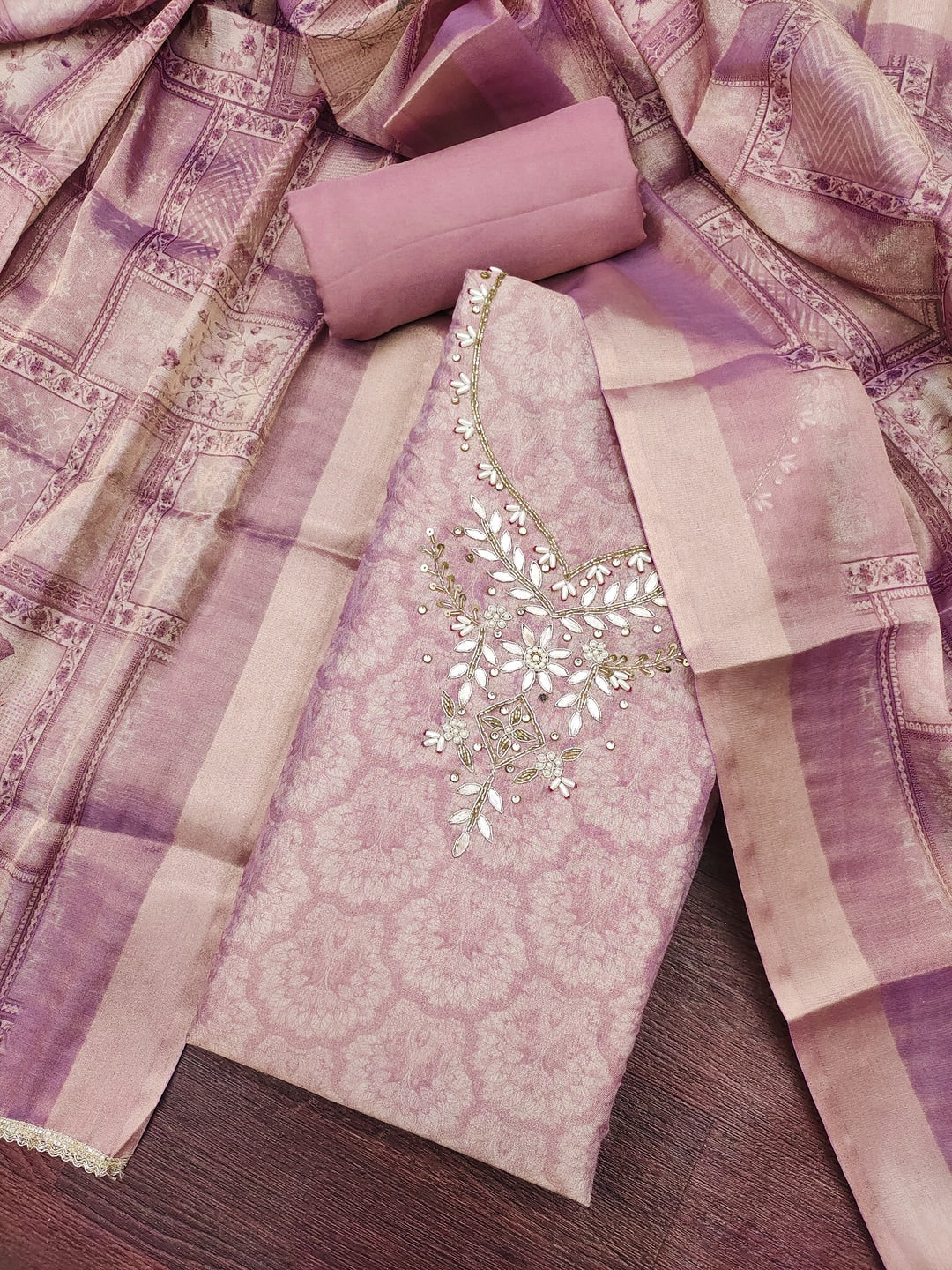 Peachmode Mauve Floral Embroidered Cotton Linen Dress Material - Image 4