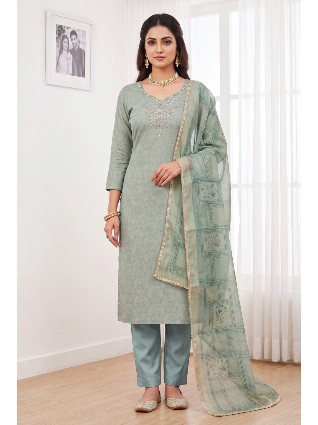 Peachmode Turquoise Floral Embroidered Cotton Linen Dress Material - Image 2