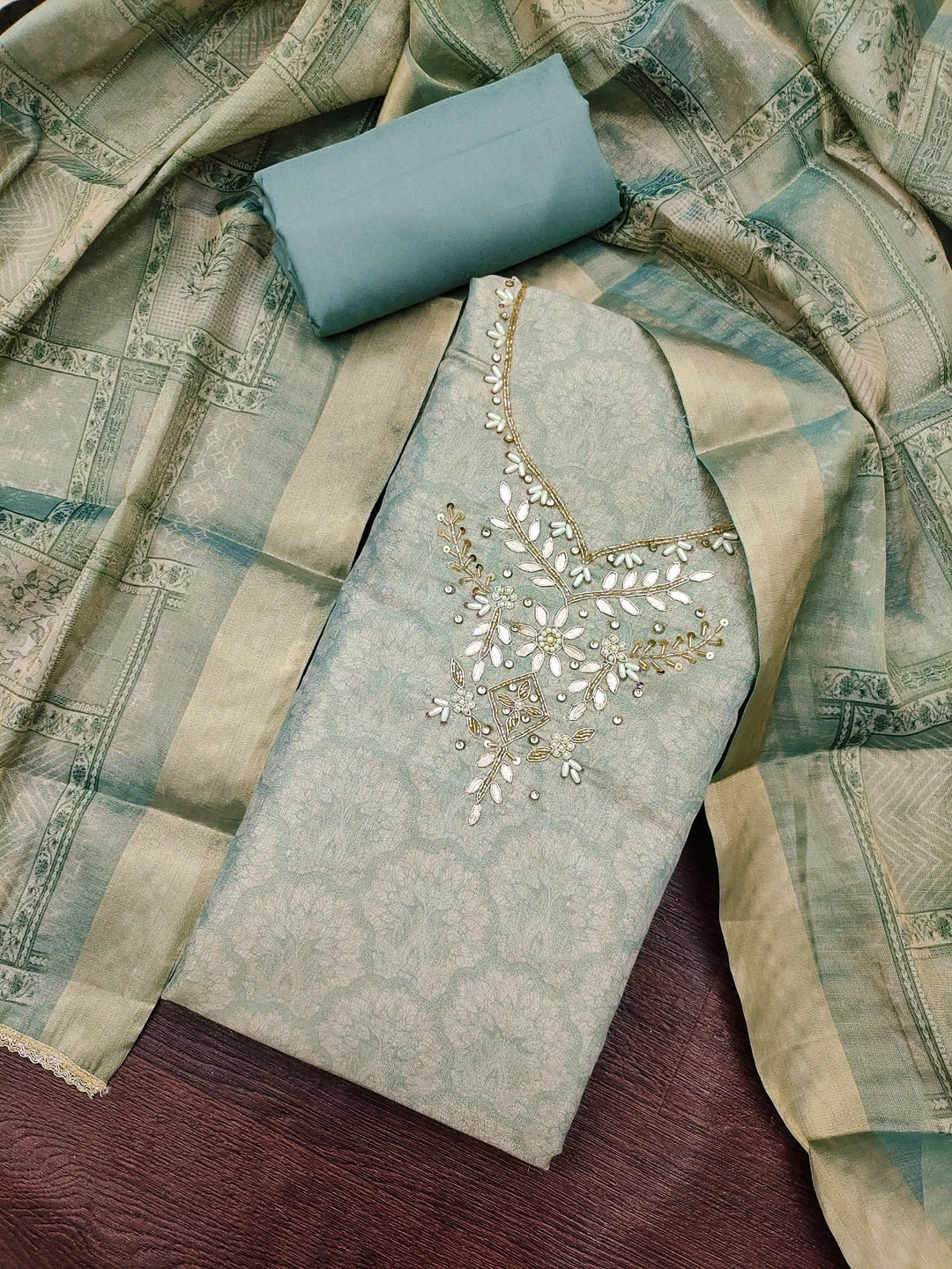 Peachmode Turquoise Floral Embroidered Cotton Linen Dress Material - Image 4
