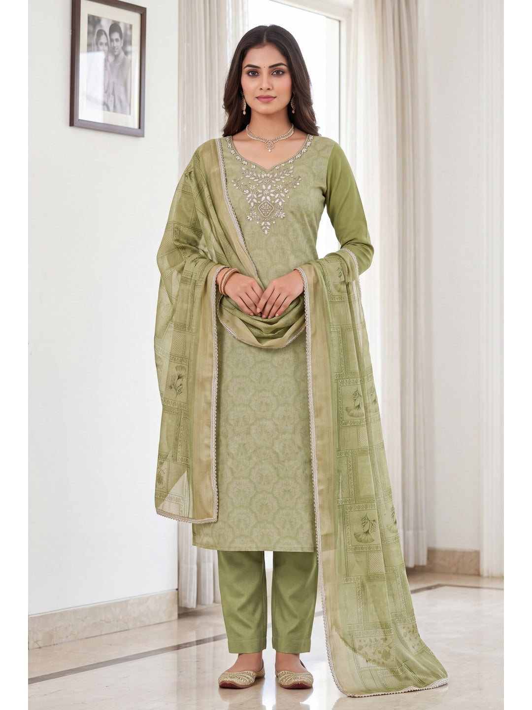 Peachmode Green Floral Embroidered Cotton Linen Dress Material - Image 2