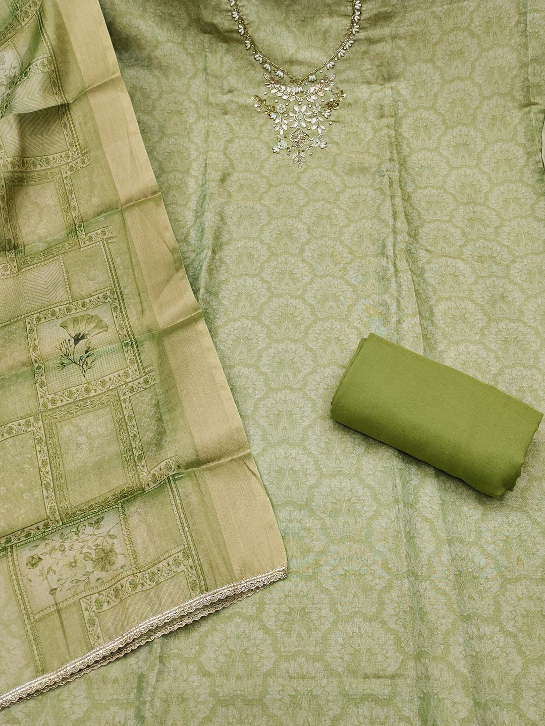 Peachmode Green Floral Embroidered Cotton Linen Dress Material - Image 3