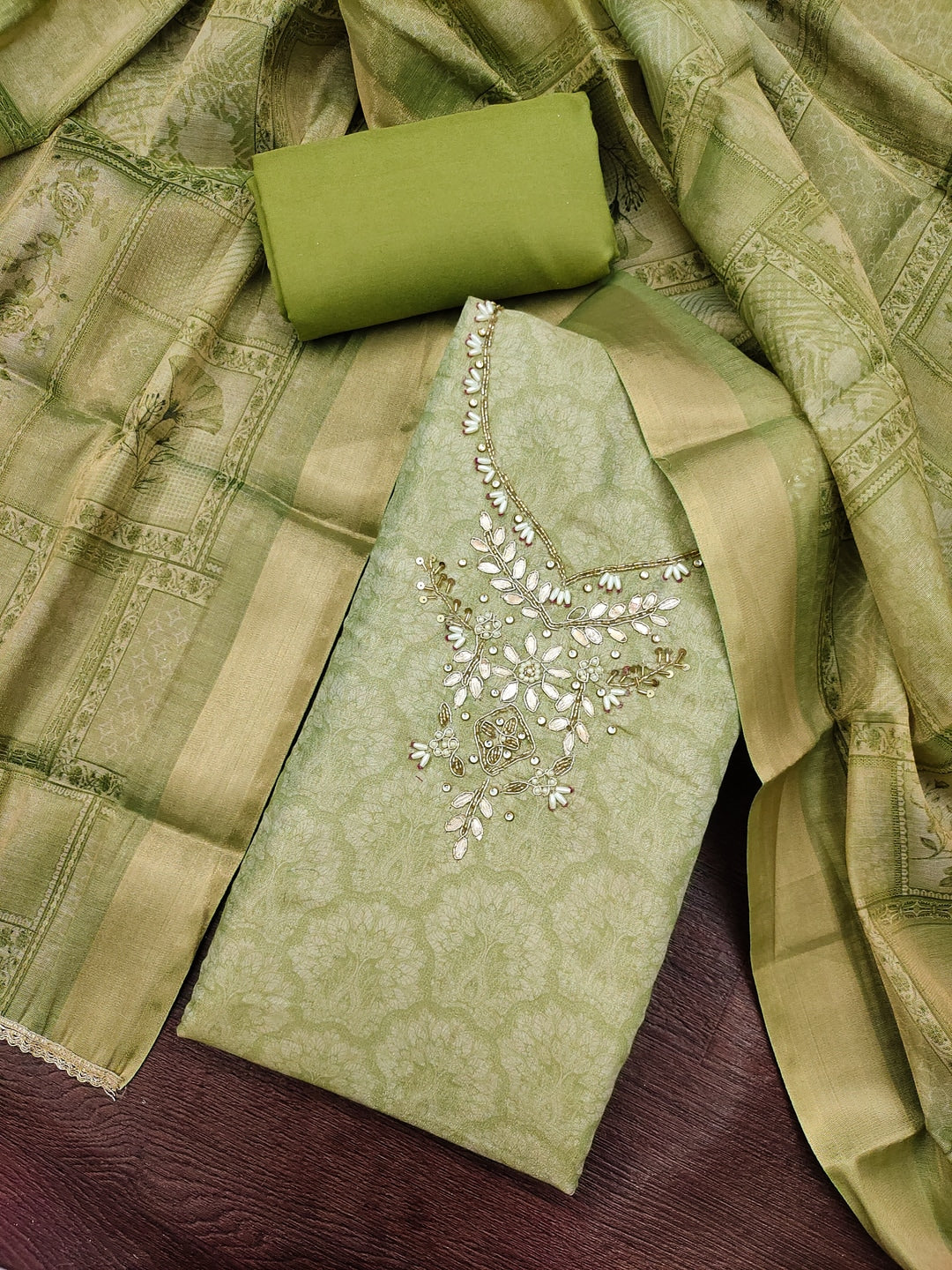 Peachmode Green Floral Embroidered Cotton Linen Dress Material - Image 4