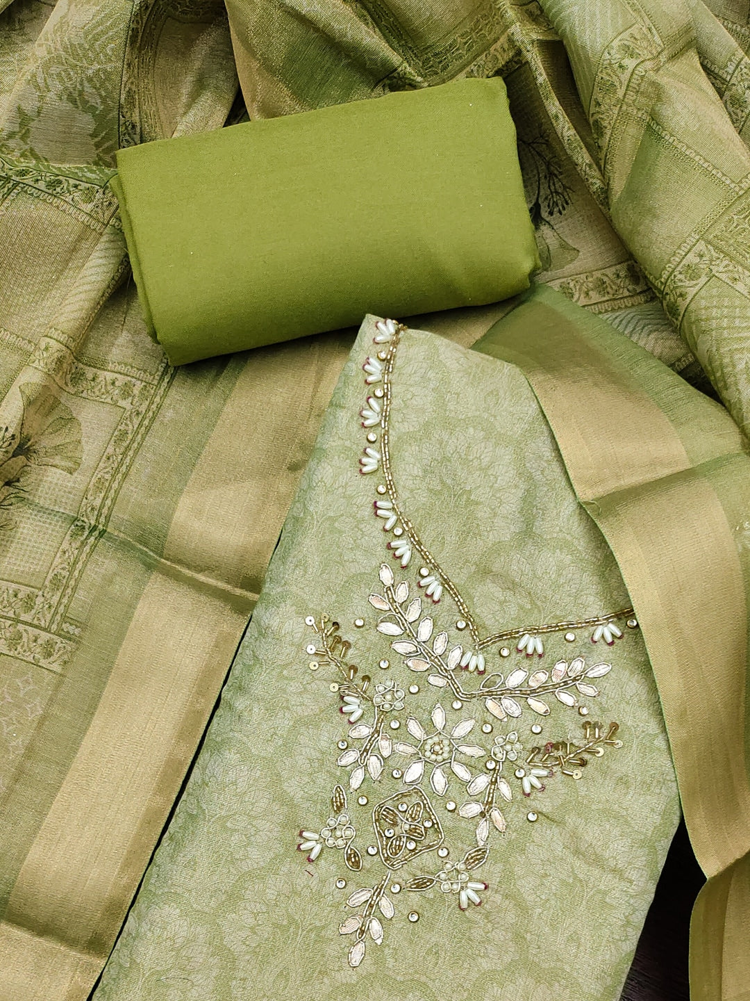 Peachmode Green Floral Embroidered Cotton Linen Dress Material - Image 5