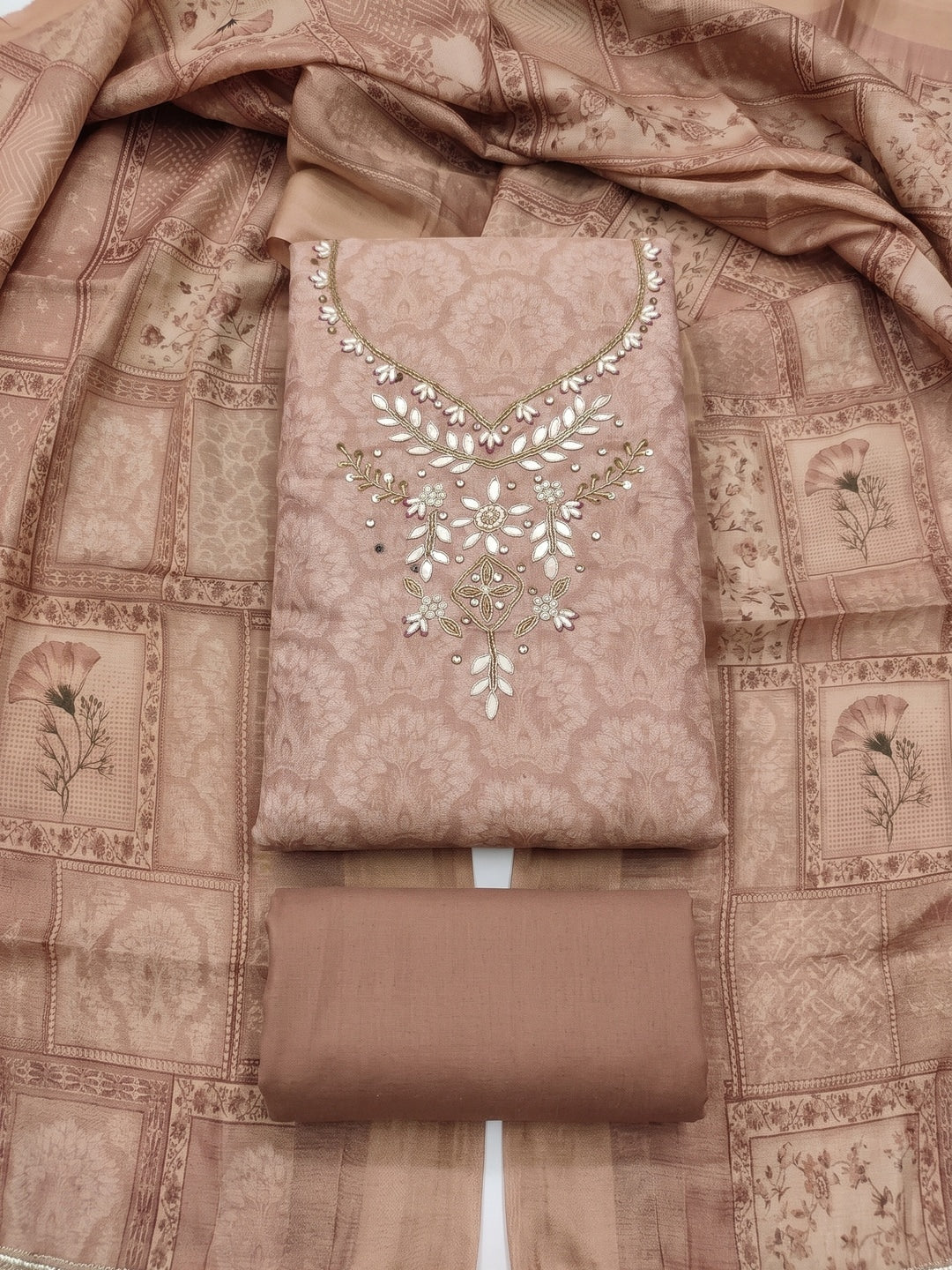 Peachmode Brown Floral Embroidered Cotton Linen Dress Material - Image 1