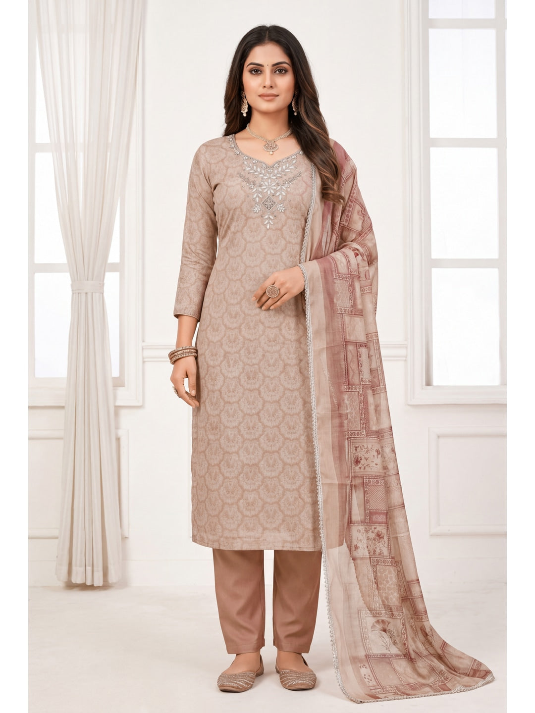 Peachmode Brown Floral Embroidered Cotton Linen Dress Material - Image 2