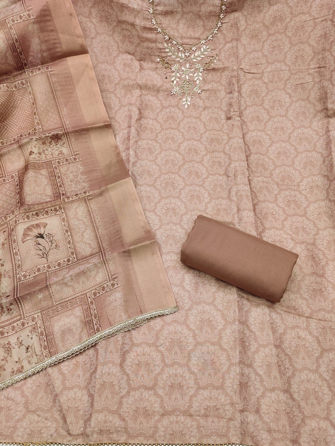 Peachmode Brown Floral Embroidered Cotton Linen Dress Material - Image 3