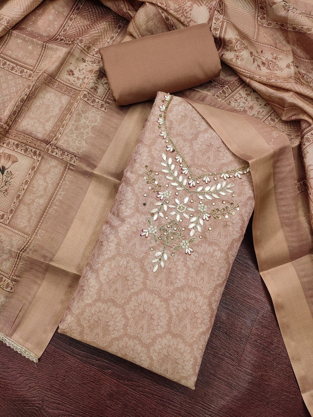 Peachmode Brown Floral Embroidered Cotton Linen Dress Material - Image 4