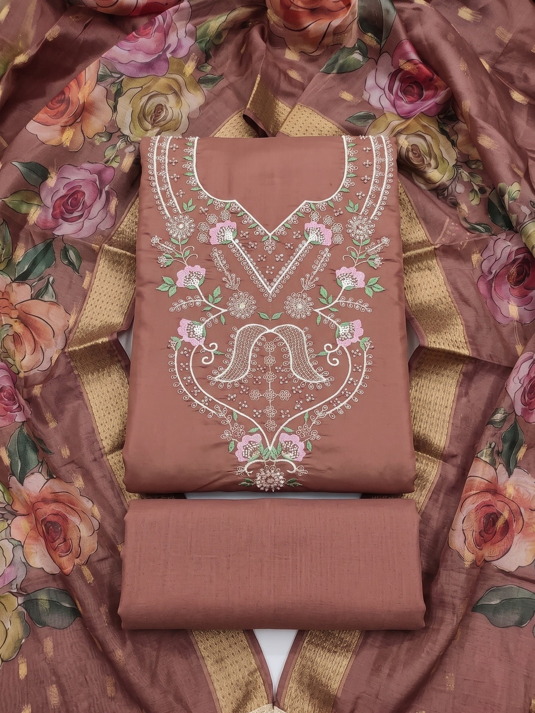 Peachmode Rust Floral Embroidered Cotton Silk Dress Material - Image 1