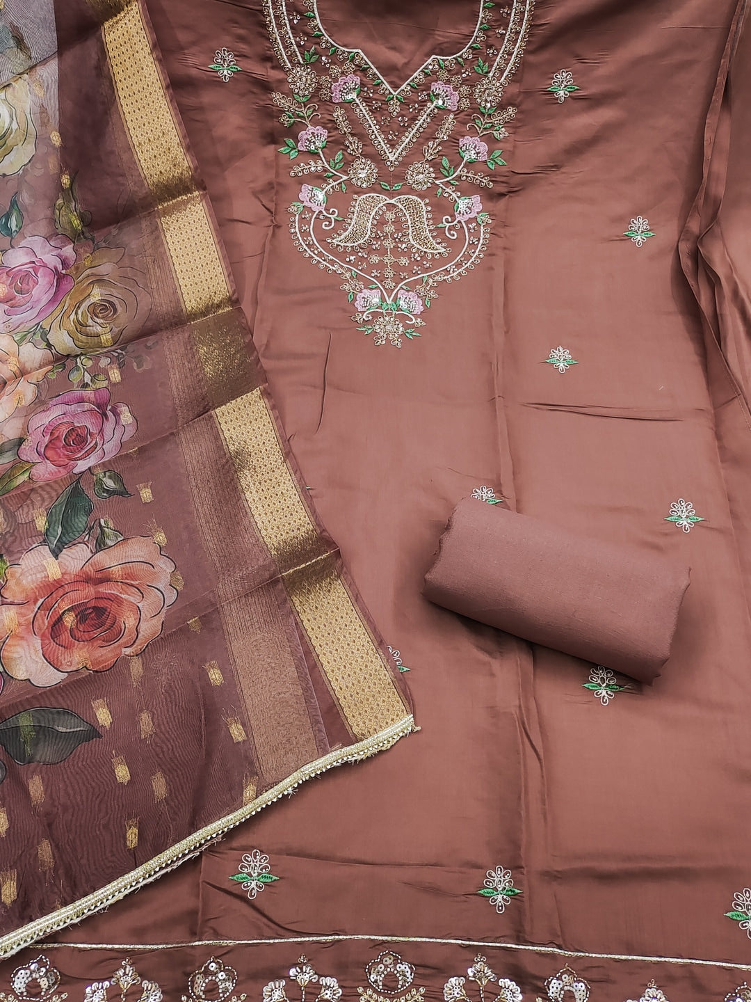 Peachmode Rust Floral Embroidered Cotton Silk Dress Material - Image 3