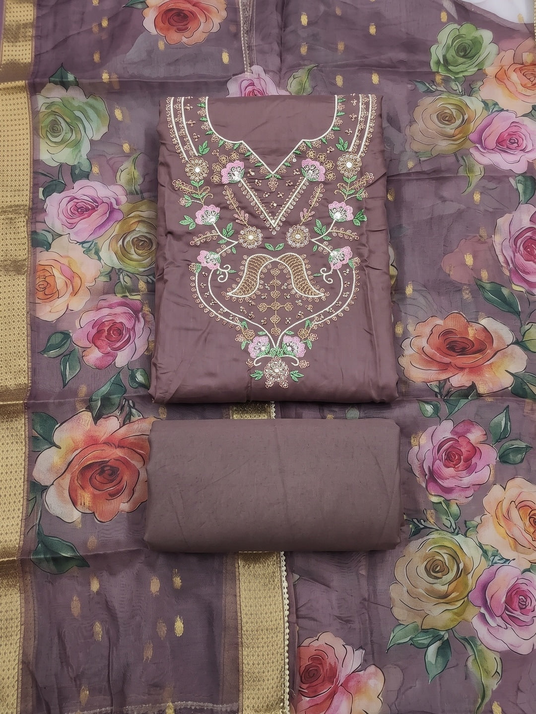 Peachmode Purple Floral Embroidered Cotton Silk Dress Material - Image 1