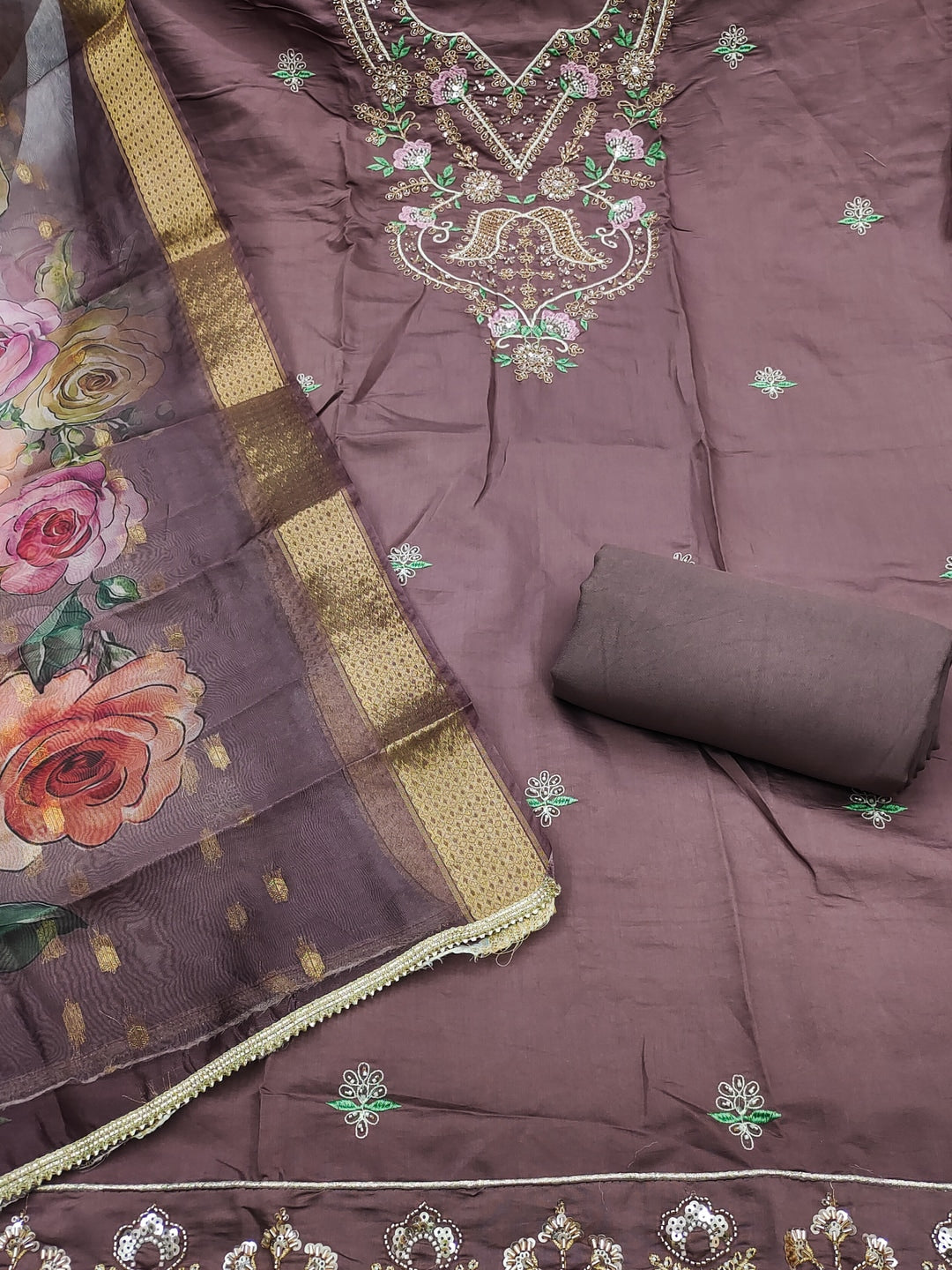 Peachmode Purple Floral Embroidered Cotton Silk Dress Material - Image 3