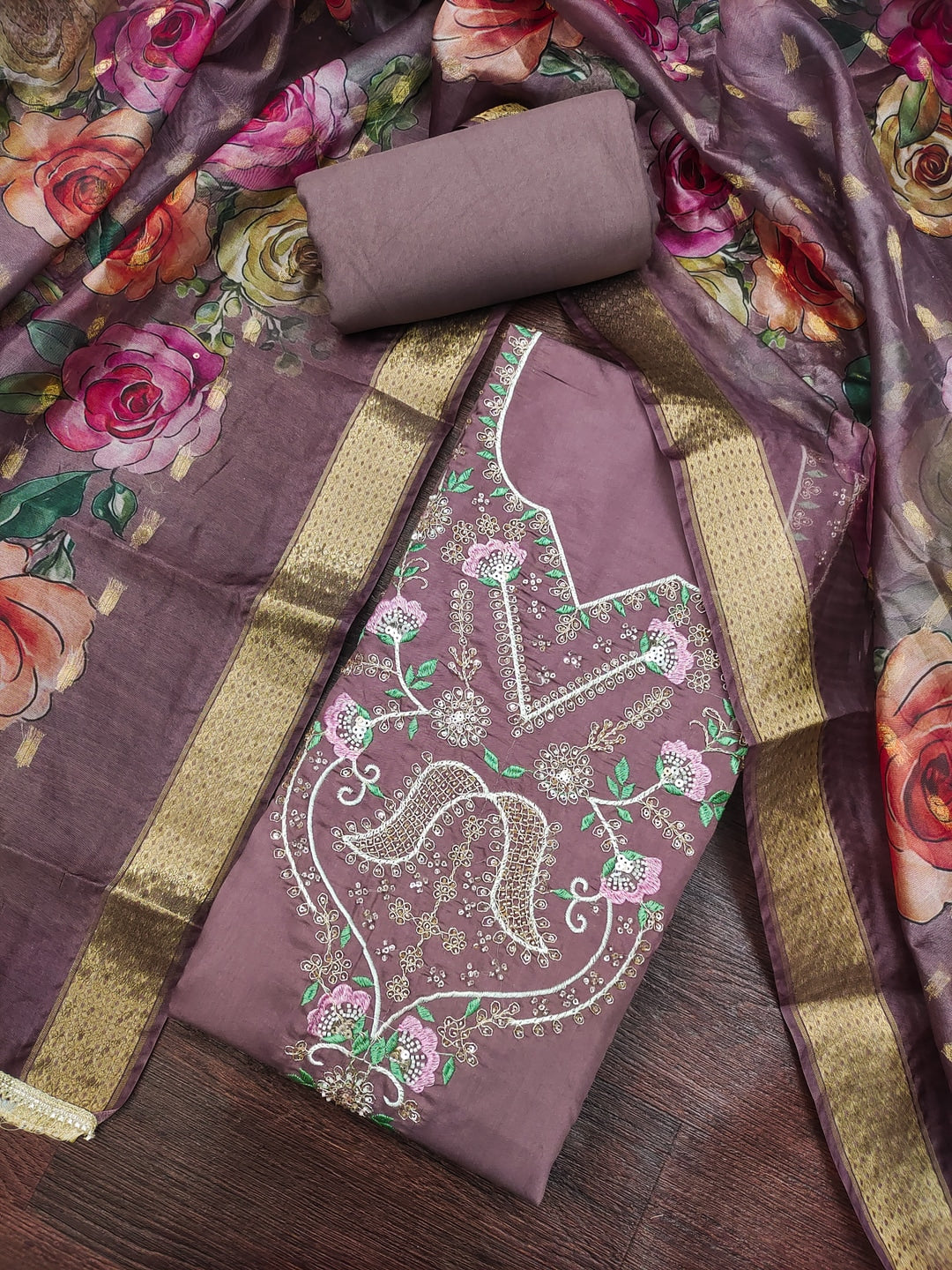 Peachmode Purple Floral Embroidered Cotton Silk Dress Material - Image 4