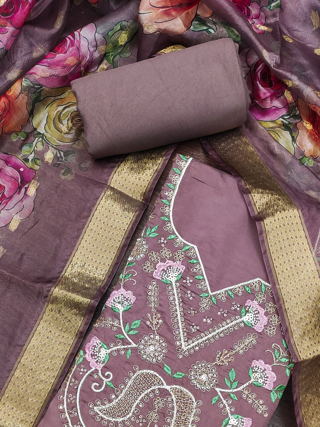 Peachmode Purple Floral Embroidered Cotton Silk Dress Material - Image 5