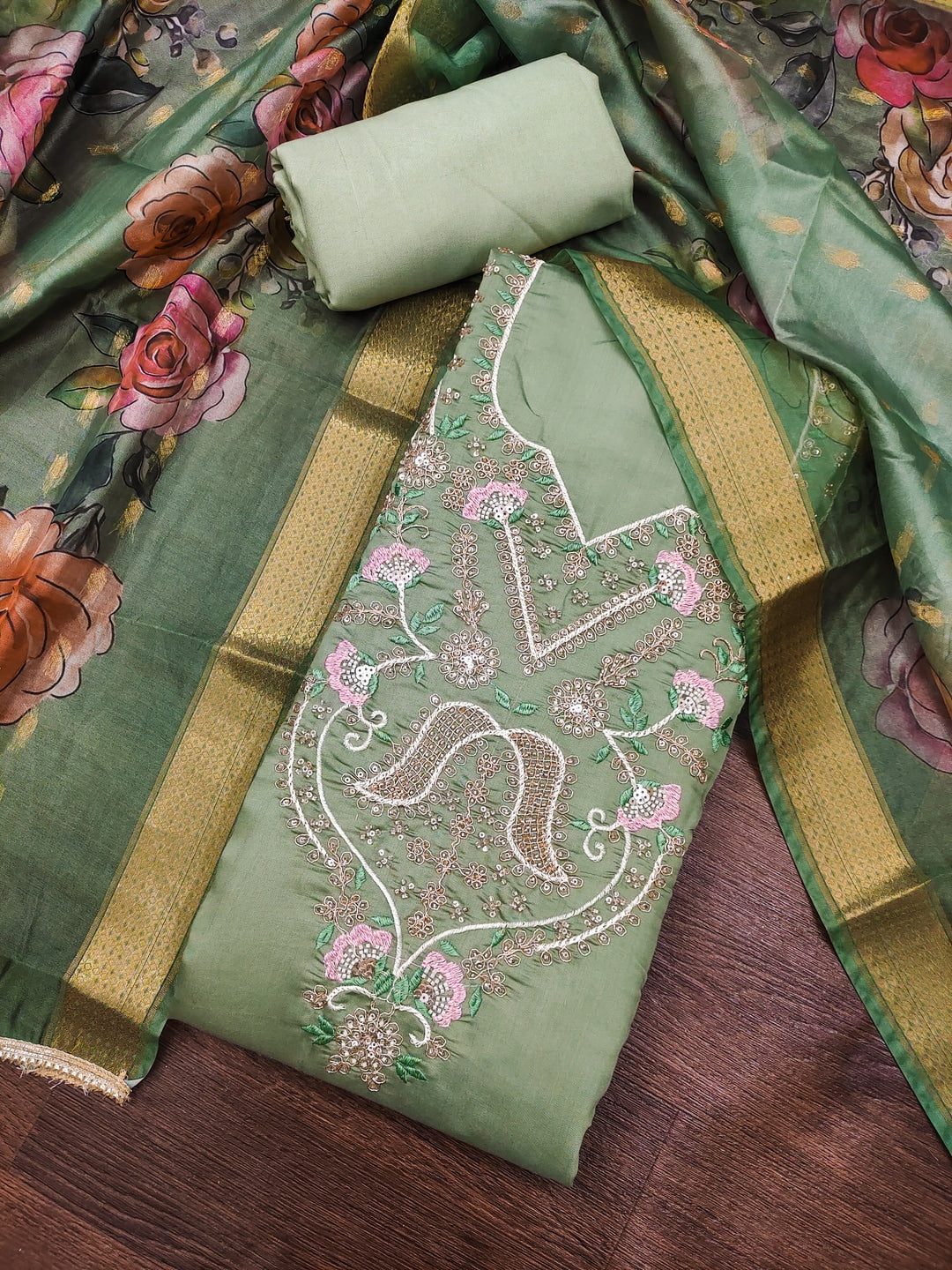 Peachmode Green Floral Embroidered Cotton Silk Dress Material - Image 4