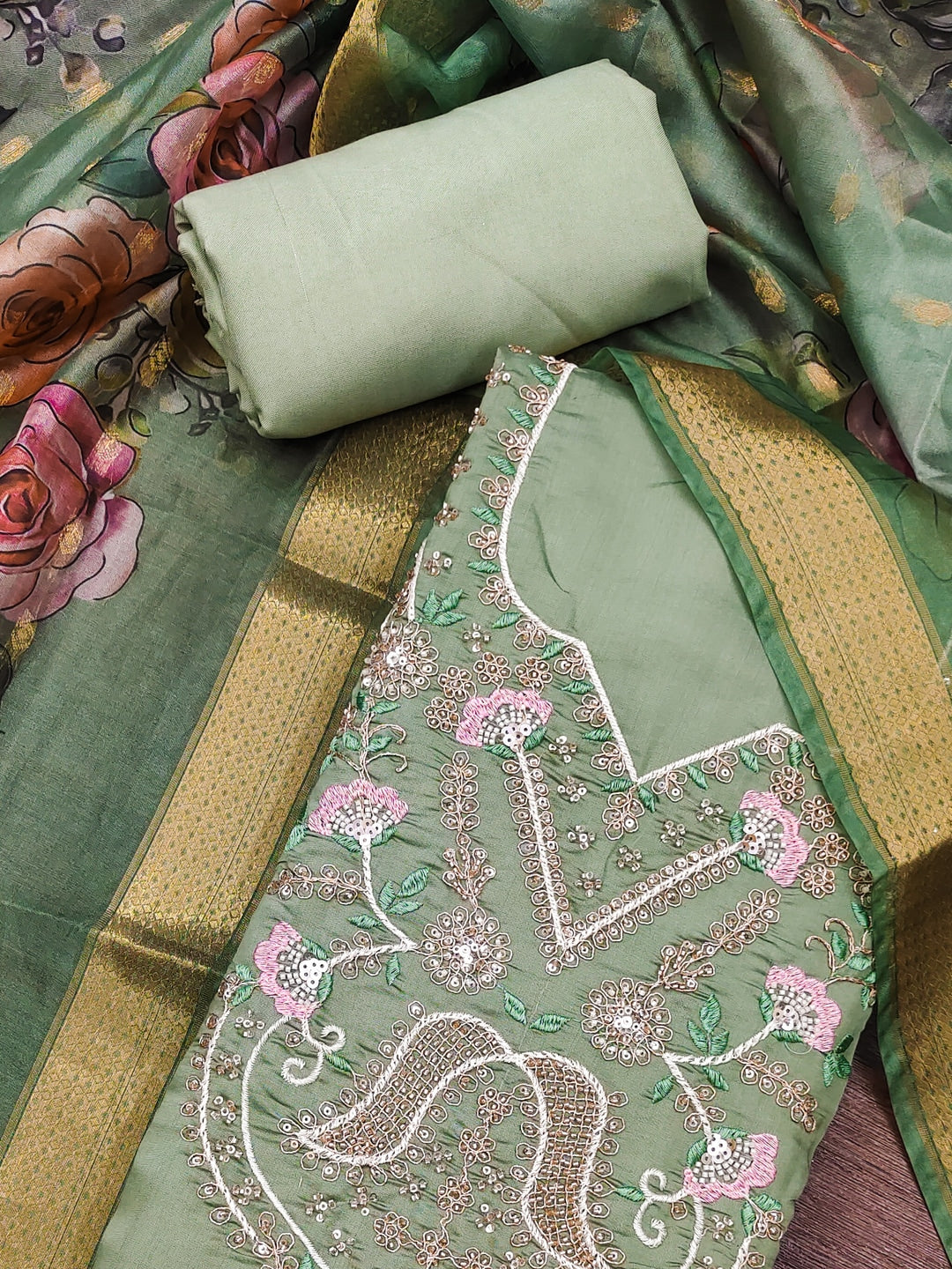 Peachmode Green Floral Embroidered Cotton Silk Dress Material - Image 5