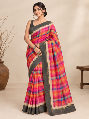 Peachmode Grey Checked Tussar Silk Saree - Image 1