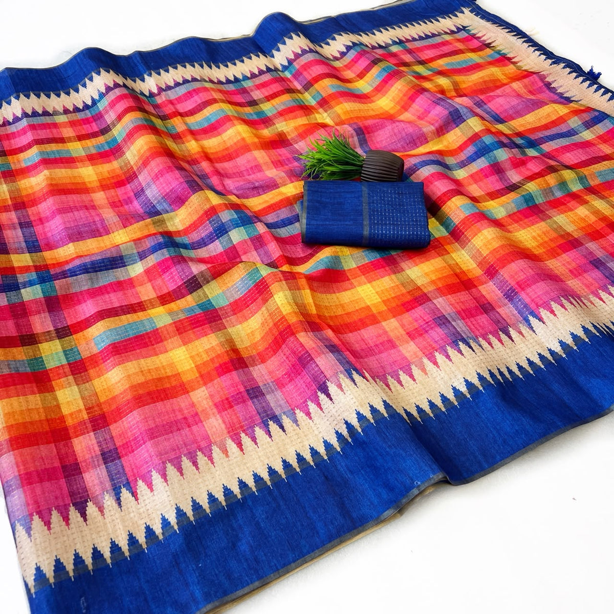 Peachmode Blue Checked Tussar Silk Saree - Image 3
