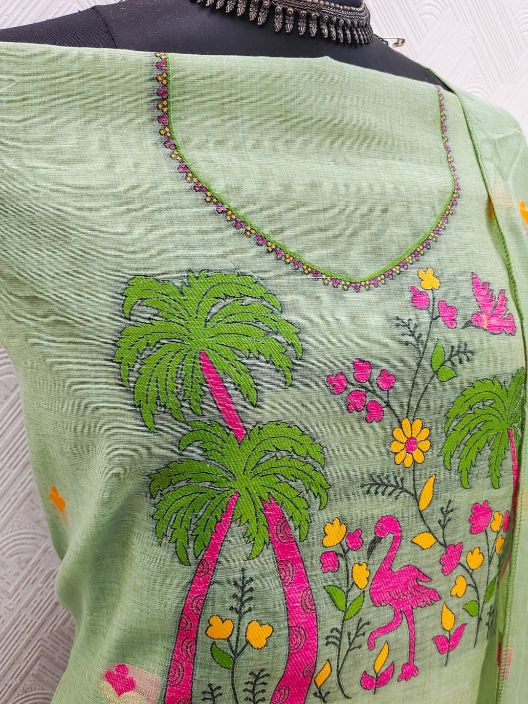 Peachmode Mint Green Jamdani Cotton Palm Bird Unstitched Dress Material - Image 3