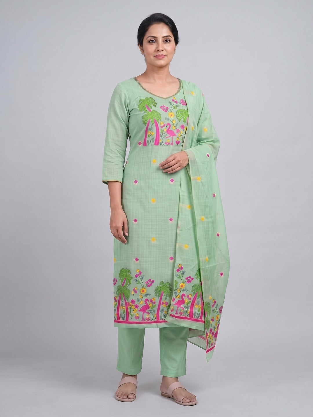 Peachmode Mint Green Jamdani Cotton Palm Bird Unstitched Dress Material - Image 5